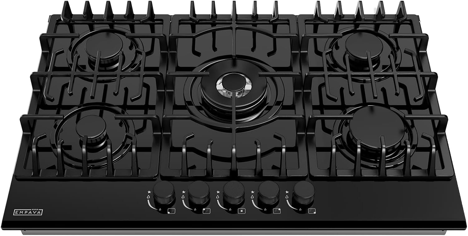 Empava 30 in. Gas Stove Cooktop 5 Italy Sabaf Sealed Burners NG/LPG Convertible in Black Tempered Glass, 30 Inch