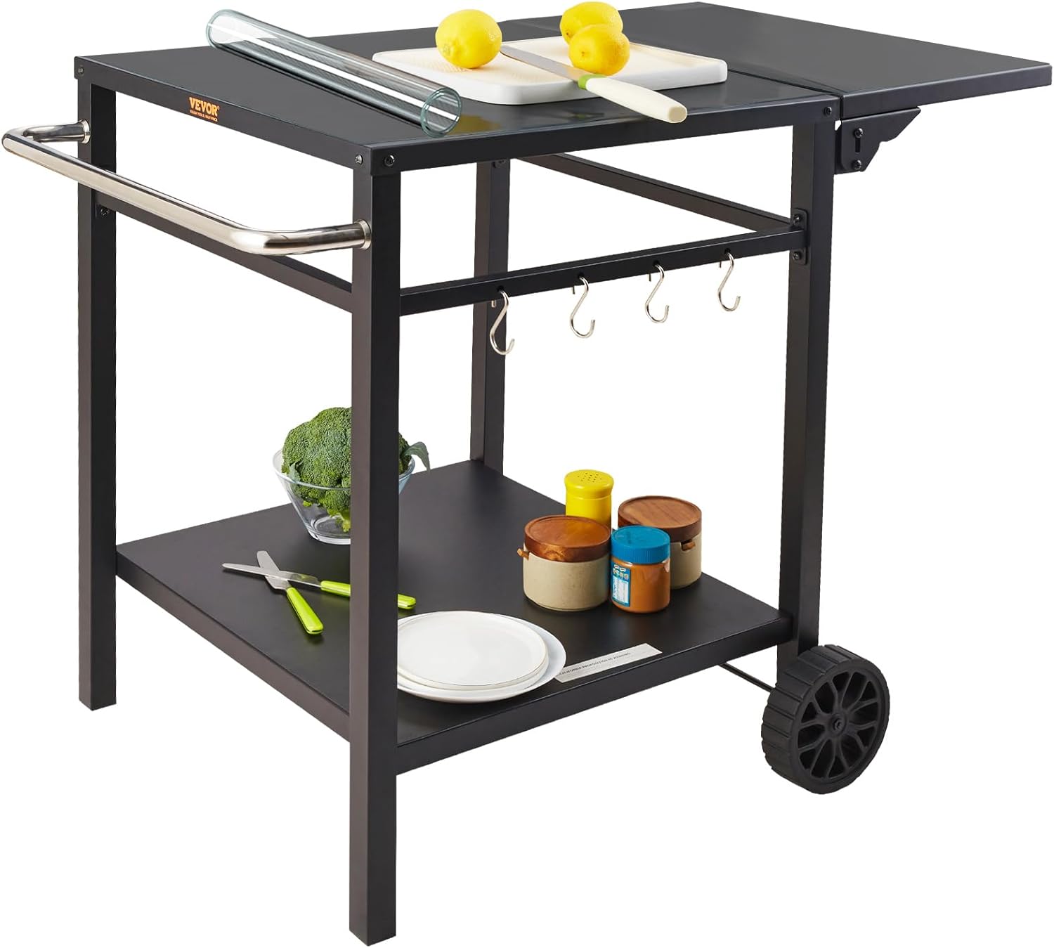 VEVOR Outdoor Grill Dining Cart with Double-Shelf, BBQ Movable Food Prep Table, Multifunctional Foldable Iron Table Top, Portable Modular Carts for Pizza Oven, Worktable with 2 Wheels, Carry Handle