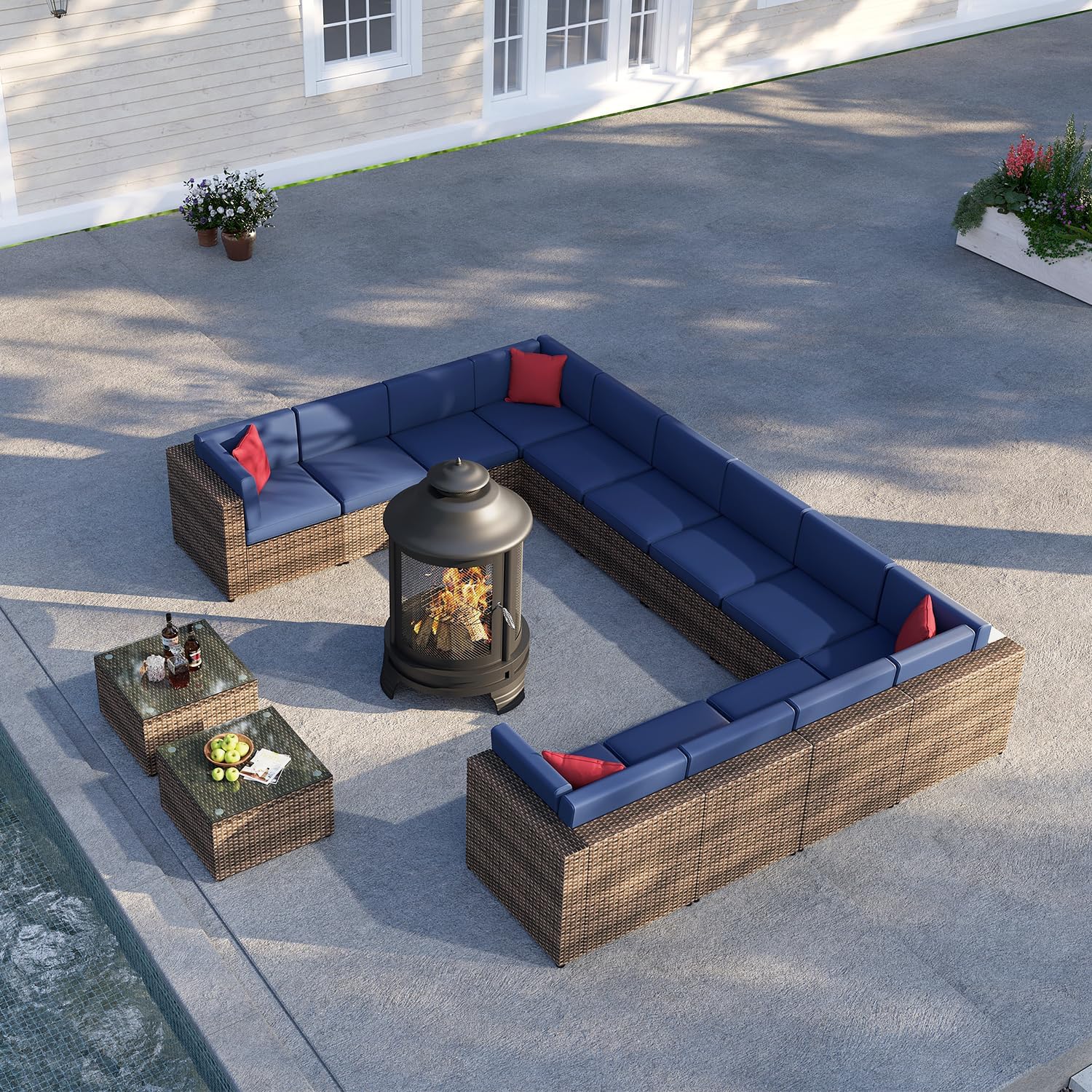 oneinmil 15-Piece Outdoor Furniture Set, with Large Fire Pit Chiminea, 2 in 1 Fire Pit for Outdoor, Wicker Rattan Sectional Conversation Set, and Coffee Table