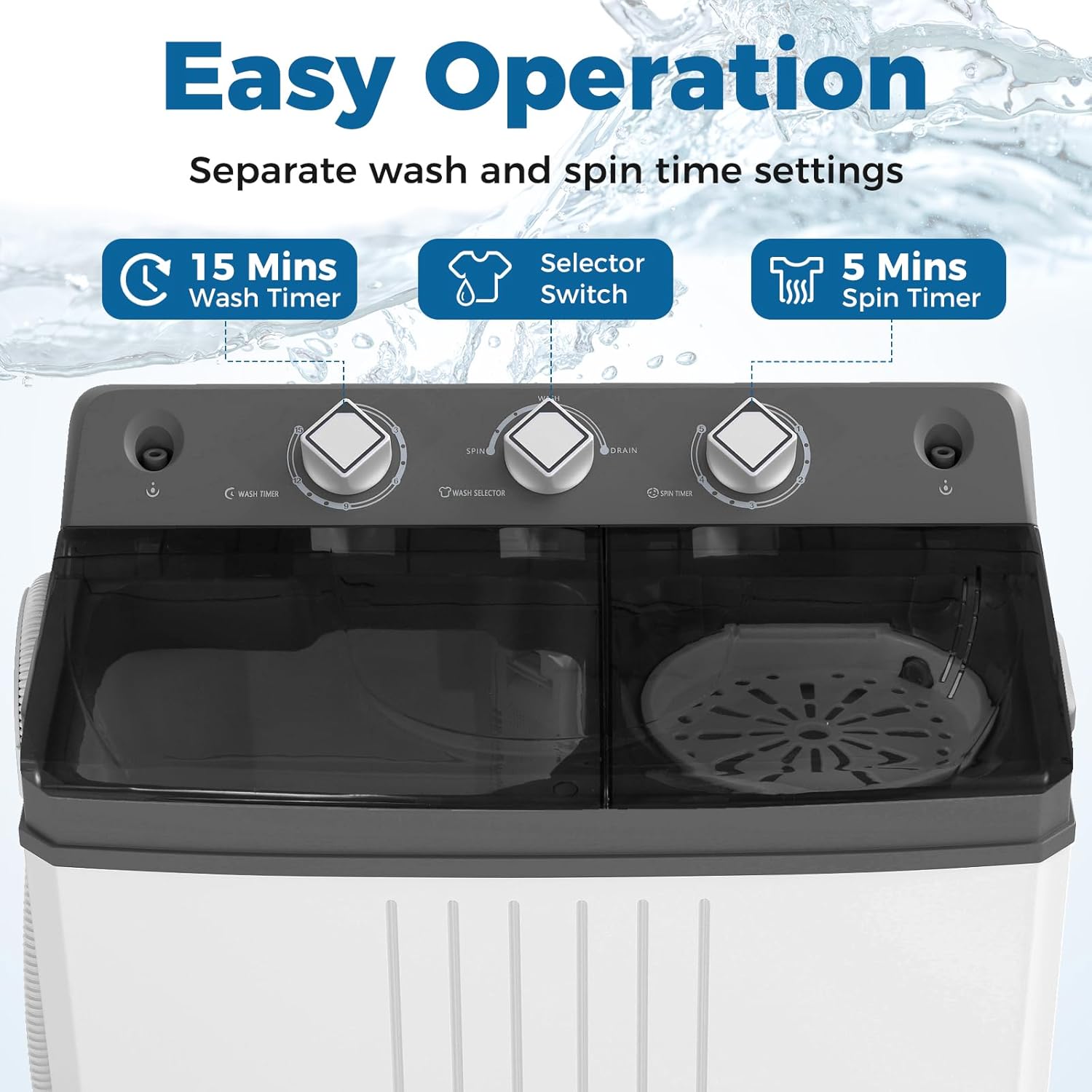 COSTWAY Portable Washing Machine, Twin Tub 20 Lbs Capacity, Laundry Washer 12 Lbs and Spinner 8 Lbs with Drain Pump, Timer Control, Perfect for Apartment Dorm RV, Grey