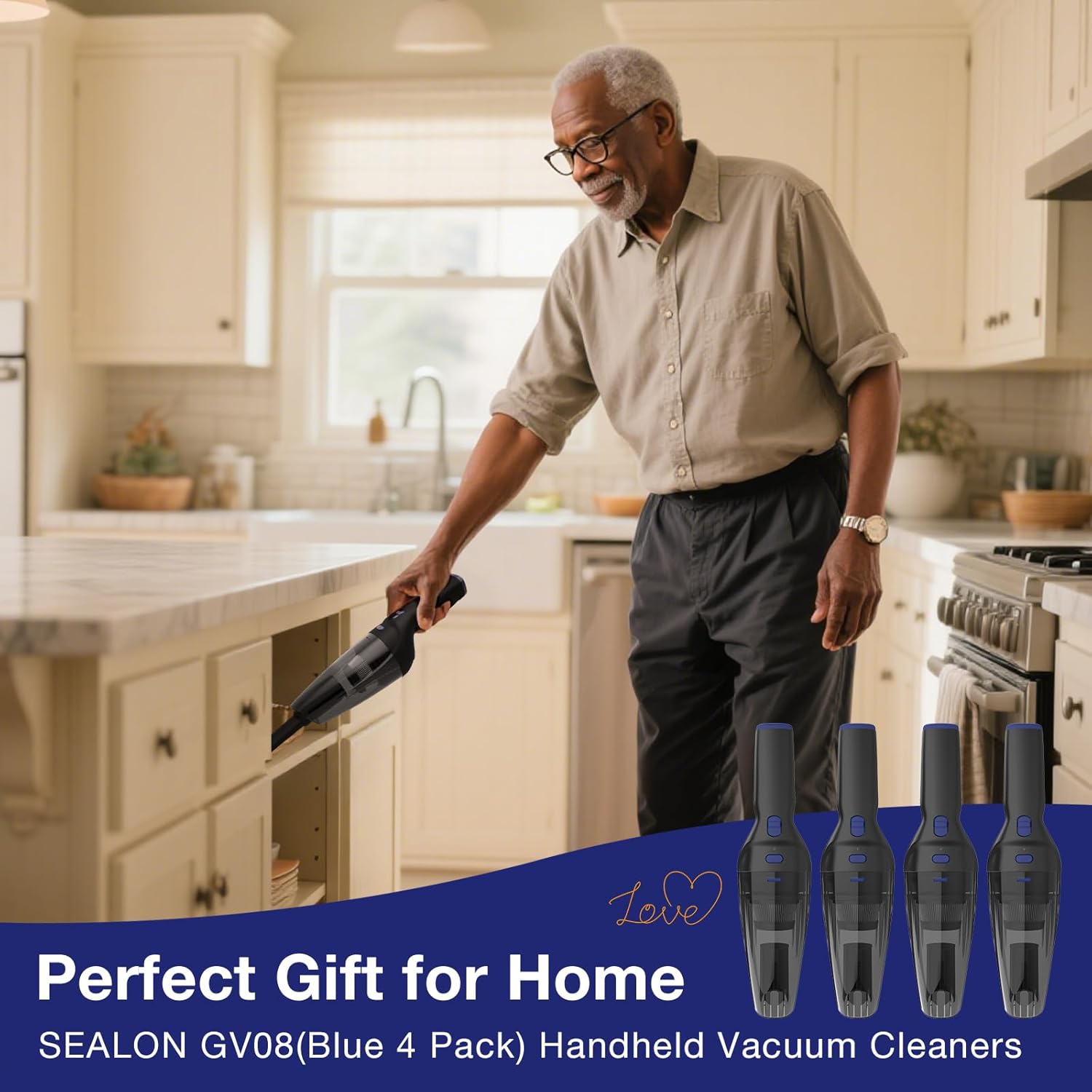 SEALON GV08 Handheld Rechargeable Car Vacuum Cleaner, 10KPa Vacuum Cleaner and Air Duster, High Power Hand Held Vacuum with LED Light and Multi-Nozzles for Car, Home, Office, Pet （Blue 4 Pack）