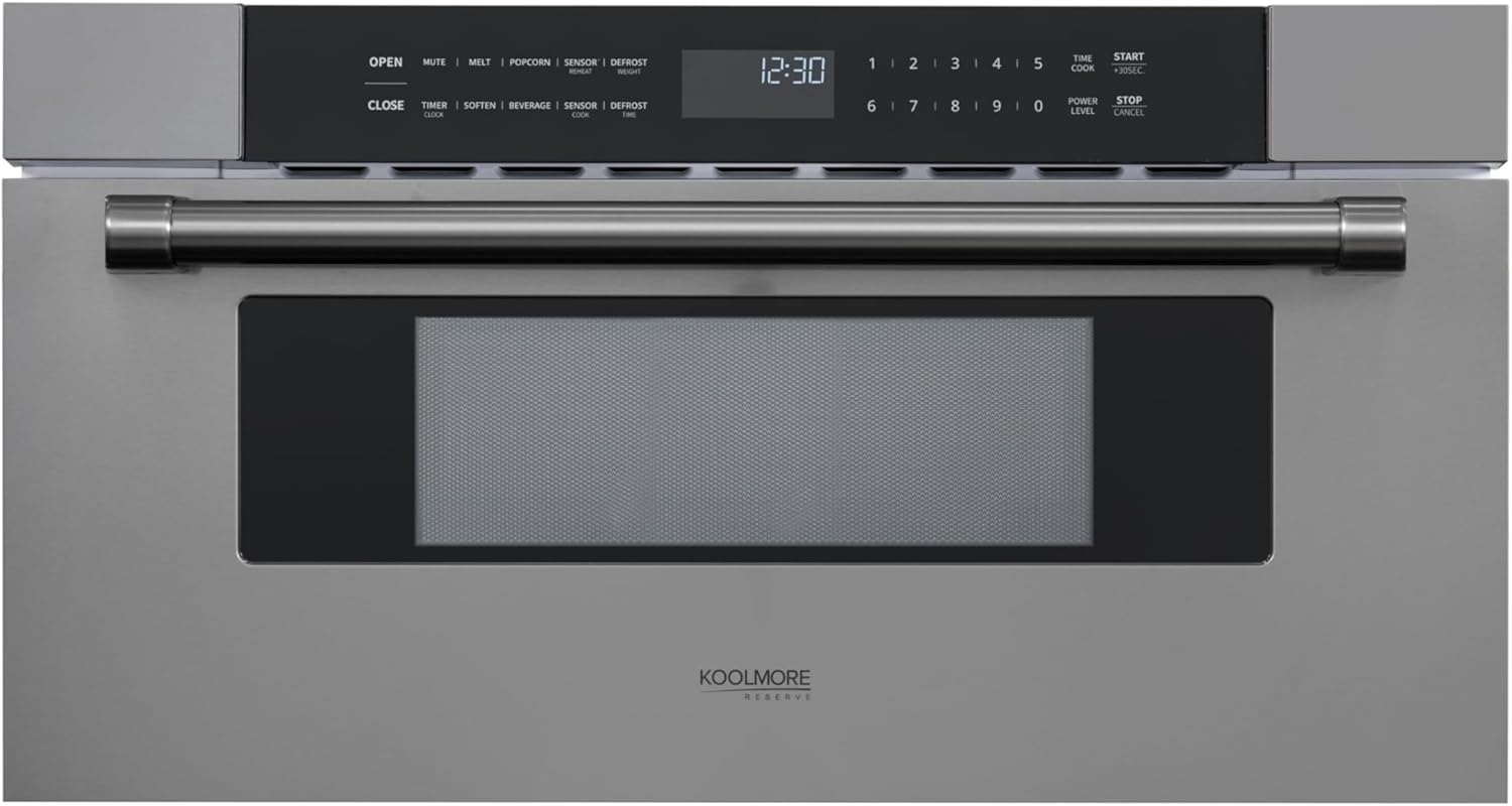 KoolMore Reserve 30 in. 1.2 cu. ft. Microwave Drawer with 10 Power Levels, Sensor Cooking, Melt, Defrost, Bake, Roast, Broil, Timer, Express Cook, 1500 Watts, UL Certified in Black Stainless-Steel