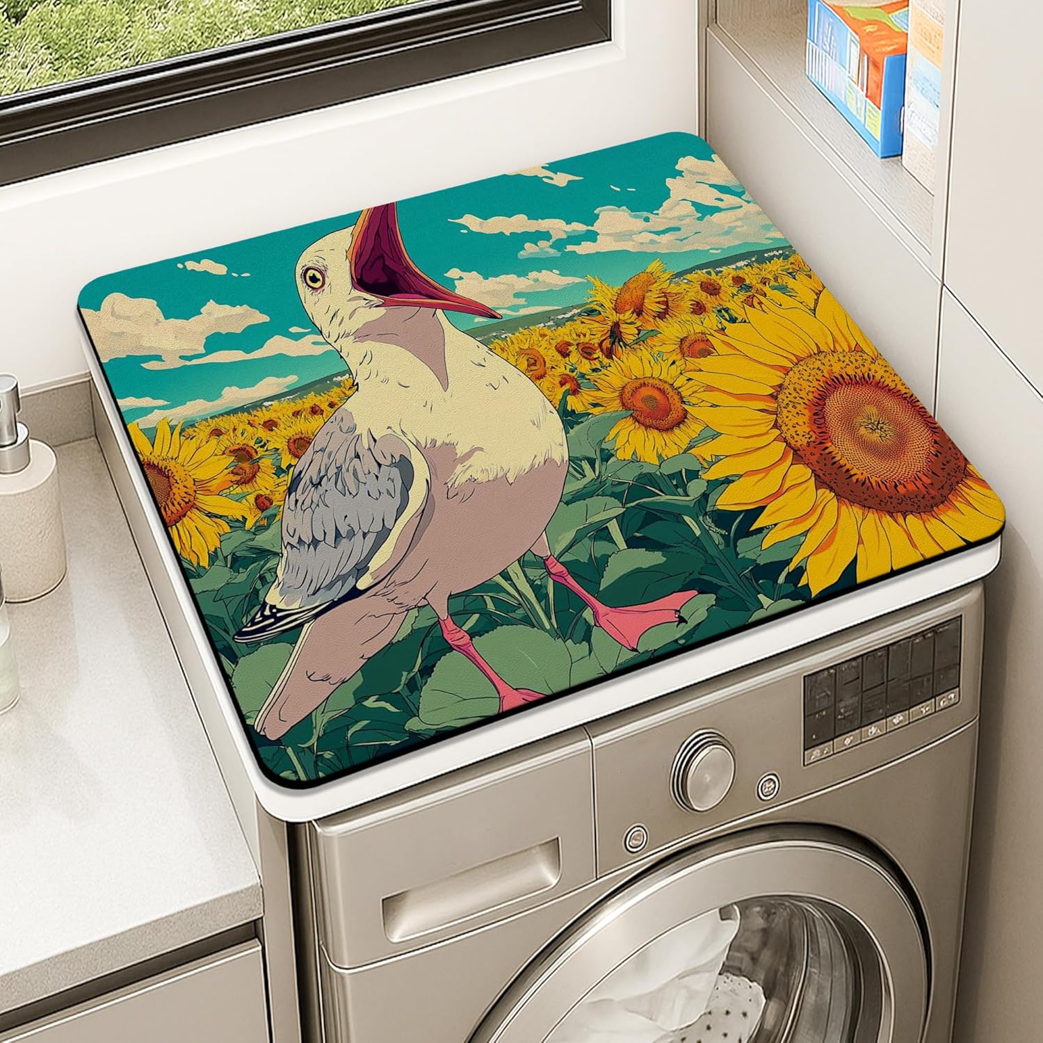 Sunflower Washer Dryer Top Protector Mat, Vintage Artistic Floral Laundry Machine Covers, Seasonal Rubber Anti-slip Waterproof Washer And Dryer Mats for Home 24x24 Inch