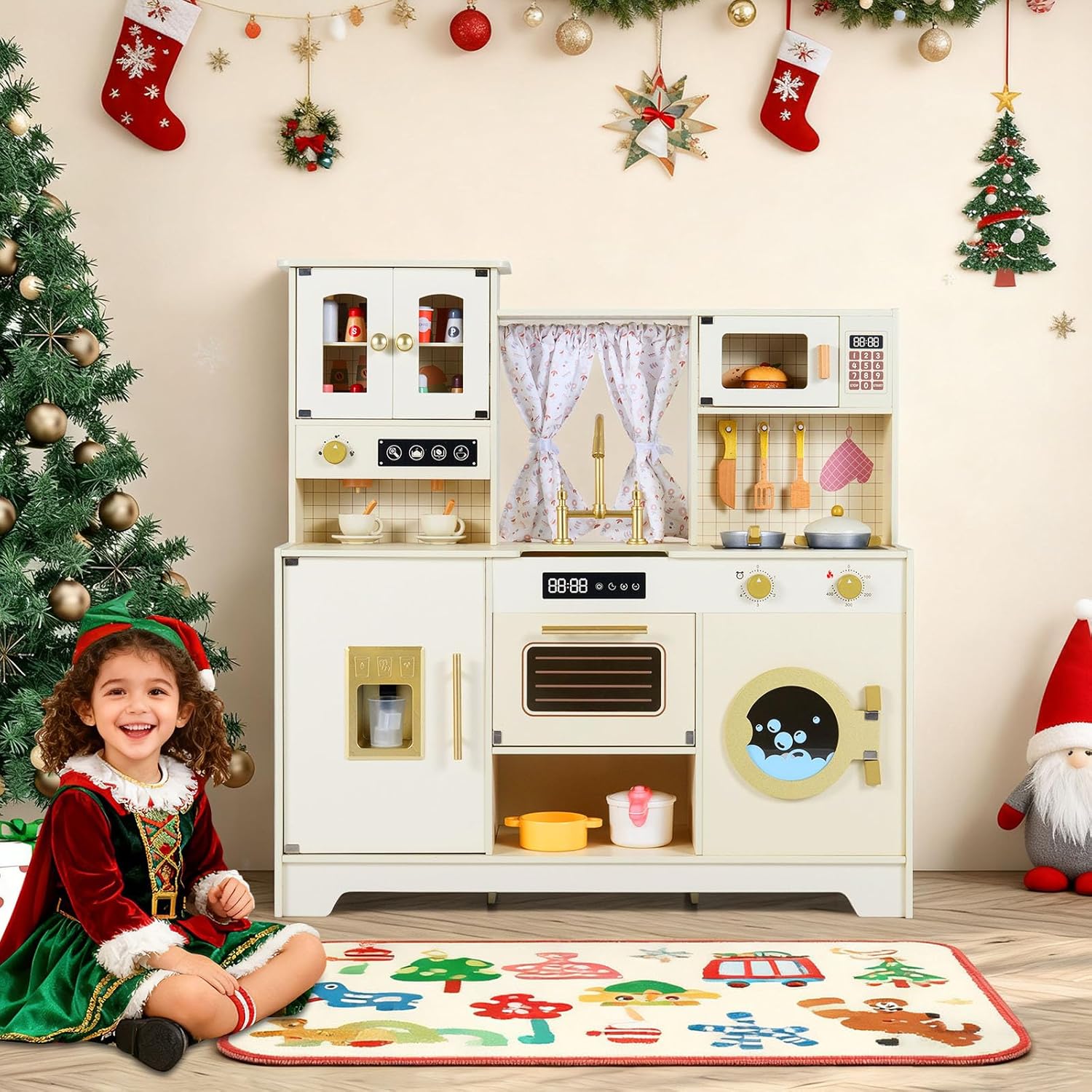 Costzon Kids Play Kitchen, Wooden Toy Kitchen Playset w/Ice Maker, Coffee Maker, Washing Machine, Curtain, Microwave & Oven, Pretend Toy Kitchen w/Storage for Boys and Girls Aged 3+