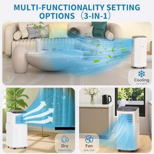 8,000 BTUs Portable Air Conditioner, 3-In-1 Room Air Conditioner with Fan & Dehumidifier Modes, Cools for 350 Sq.Ft, Remote Control & 24H Timer, Standing AC Conditioning for Bedroom, Office and Home
