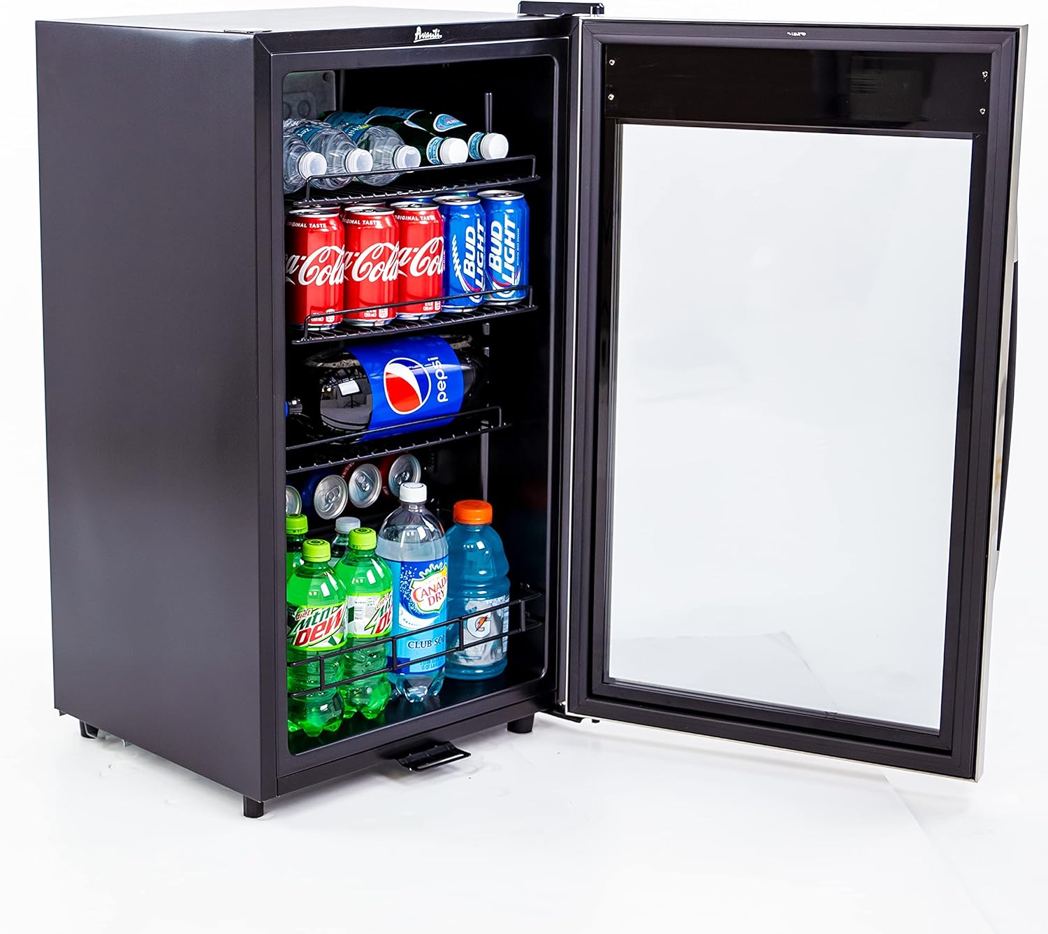 Avanti Beverage Cooler with Glass Door 108 Can Mini Refrigerator with Lock for Beer Soda Water Wine with Adjustable Shelves Digital Temperature Control and Interior Lighting, 3-Cu.Ft., Metallic