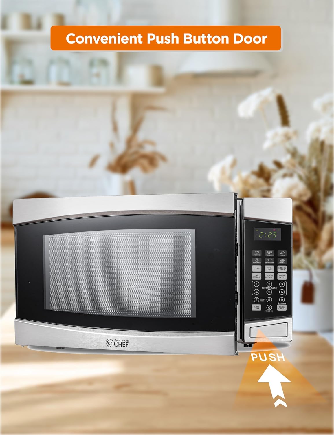 COMMERCIAL CHEF 1.4 Cubic Foot Microwave with 10 Power Levels, Small Microwave with Push Button, 1100 Watt Microwave with Digital Control Panels, Countertop Microwave with Timer, Stainless Steel