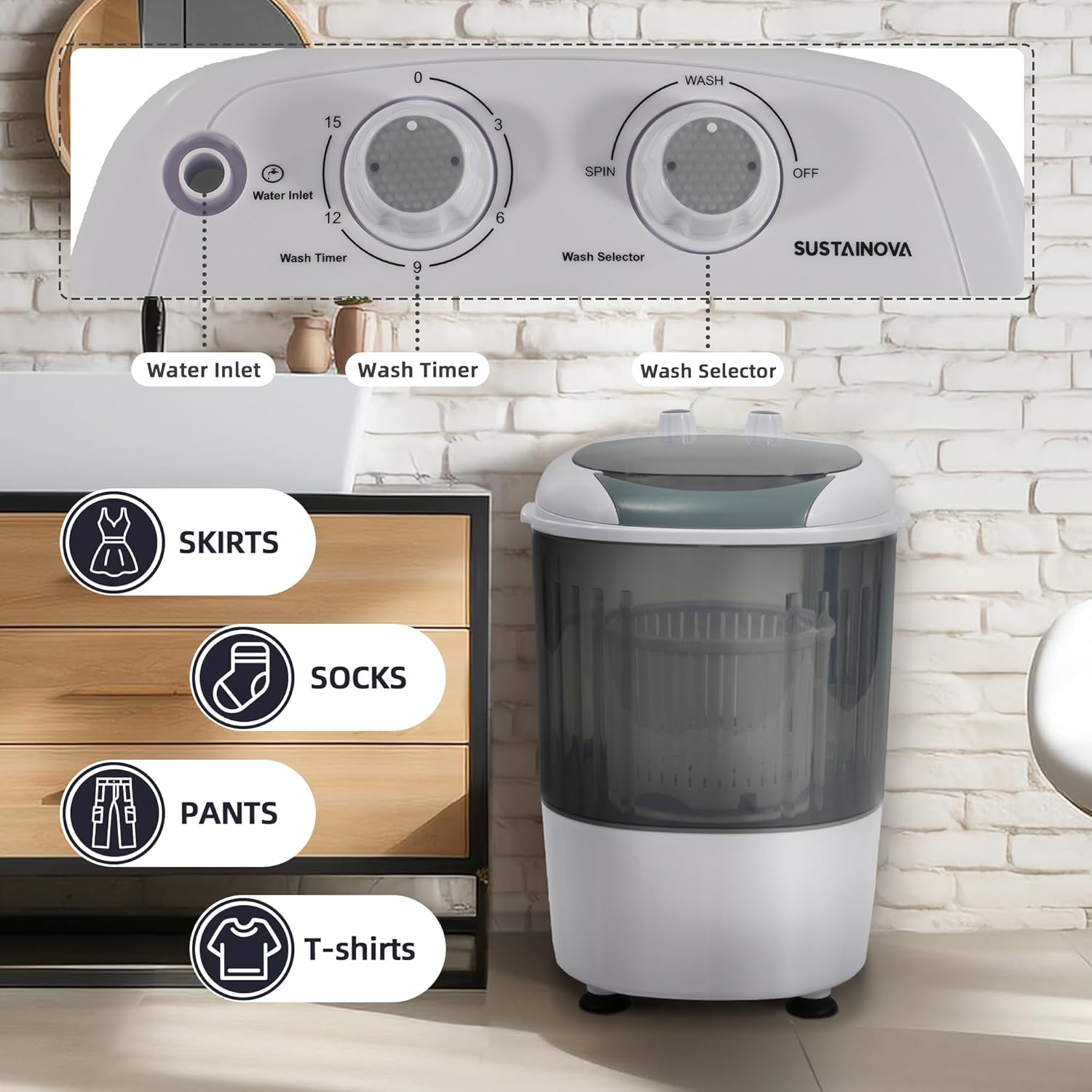 Elevon Portable Washing Machine 5.5 lbs Capacity Rotary Timer Controller, Compact Laundry for Home, Apartment, RV, White/Gray