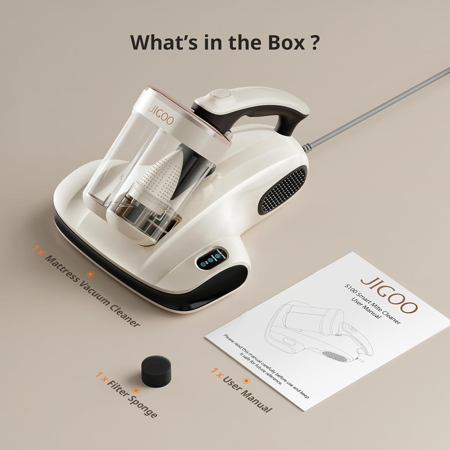 JIGOO Mattress Vacuum Cleaner UV Sanitizing, Anti-allergen Bed Cleaner with 12Kpa Suction, Handheld Vacuums for Dust & Pet Hair, Effectively Clean Up Bed, Pillows, Cloth Sofas, Carpets