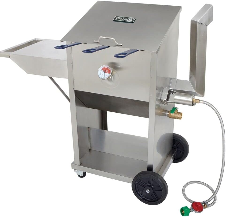 Bayou Classic 700-709 9-gal Stainless Bayou Fryer Features Stainless Cart w/Side Shelf Three Mesh Baskets Fry Thermometer 10-psi Regulator w/ 48-in Stainless Braided Hose
