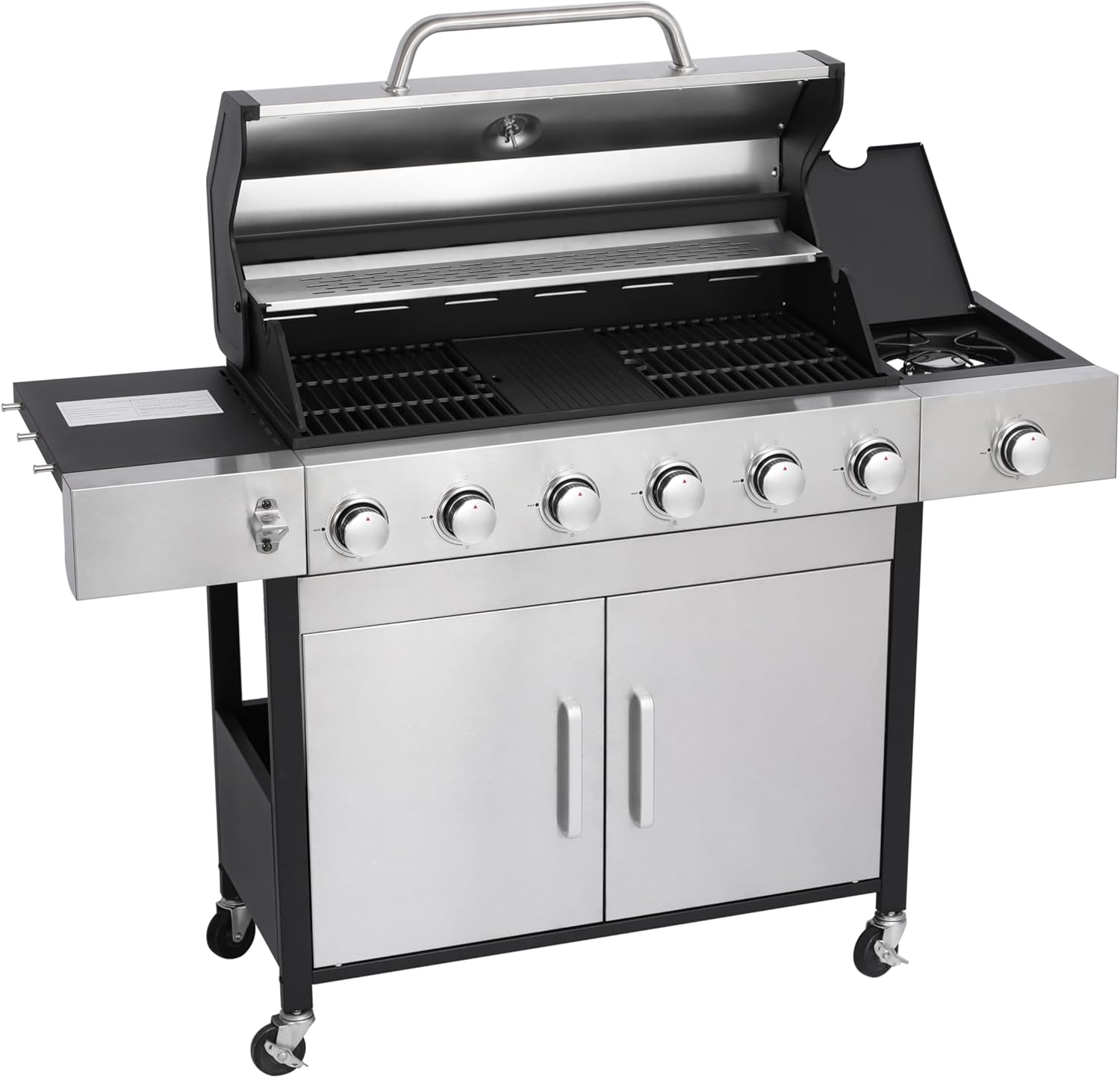 6-Burner Propane Gas Grill with Side Burner – Durable Enamel Firebox,#430 Stainless Steel Control Panel,Push-and-Turn Auto Ignition,4 Heavy-Duty Casters (2 Lockable),High-Heat Output