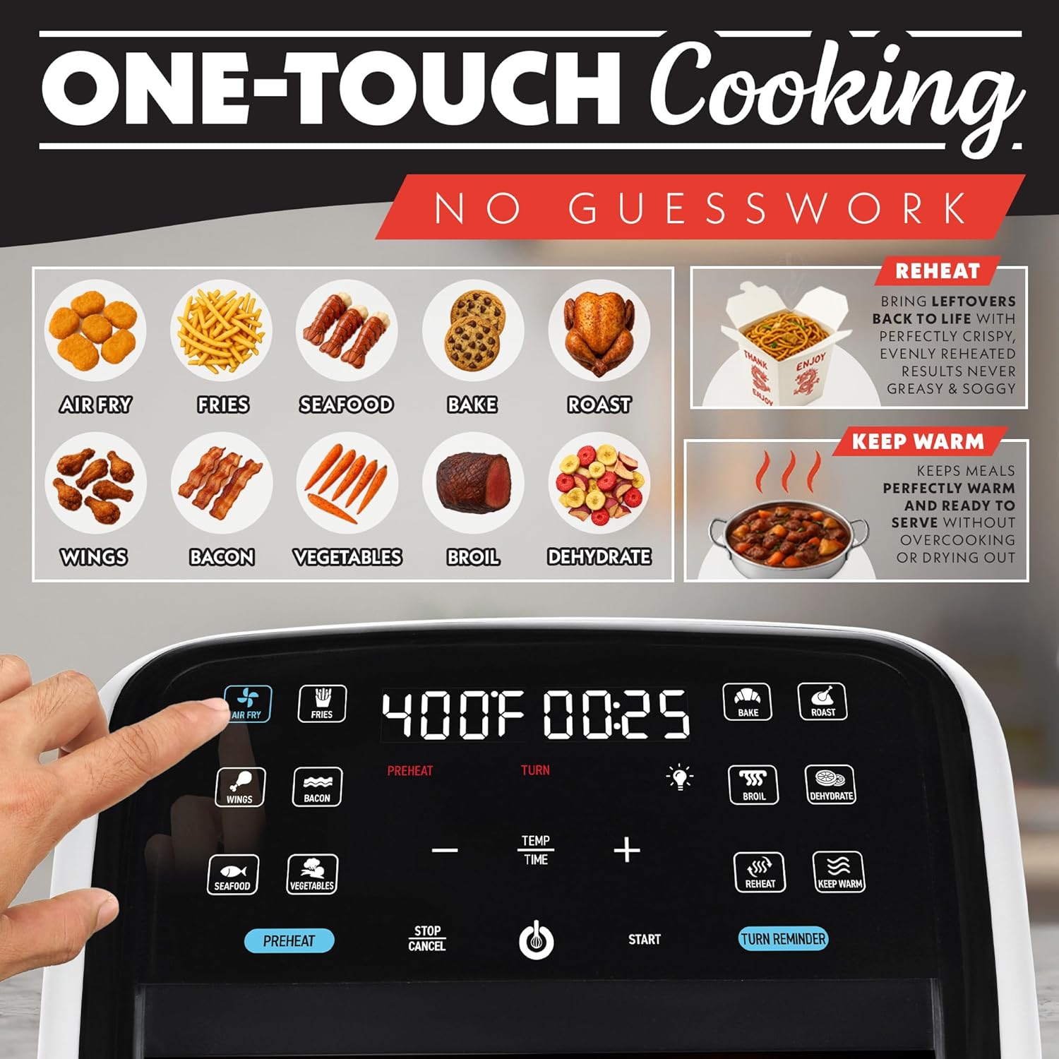 Gourmia Air Fryer 7 QT - Easy View Panoramic Window & Interior Light, Guided Cooking with 12 One-Touch Presets, FryForce 360, Dishwasher Safe Accessories, White