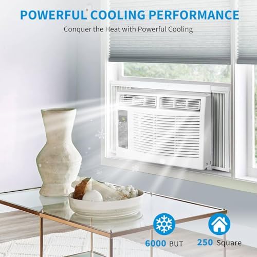 6,000 BTU Window Air Conditioner-WiFi-Enabled Smart AC with Remote,3-In-1 Fan/Dehumidifier Window AC Unit,Cools up to 250 Sq. Ft,Mini Air Conditioner for Bedroom,Office,Home,White