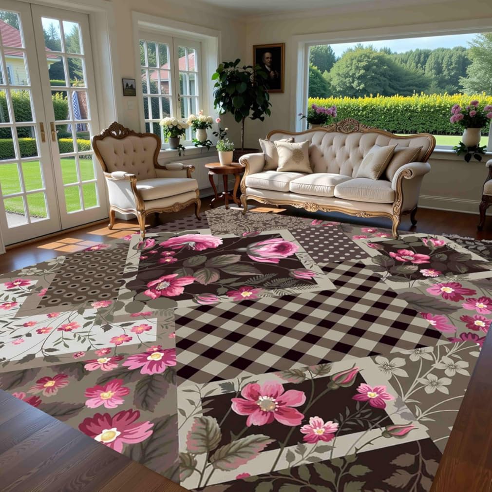 Brown Grey Pink Rustic Flowers Texture Indoor Area Rug for Living Room Bedroom Dining Room Machine Washable Non Skid Square Carpet 10x10 Nursery Dorm Kitchen Retro Floor Mats Cozy Neutral Plaid Rugs