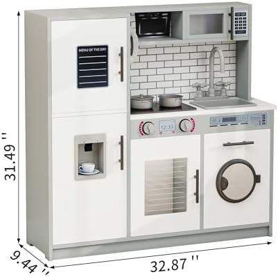 Kids Kitchen Playset with Lights & Sounds, Wooden Play Kitchen with Sink, Washing Machine, Ice Maker & Pretend Play Accessories, Educational Toy Kitchen Set for Toddlers, White