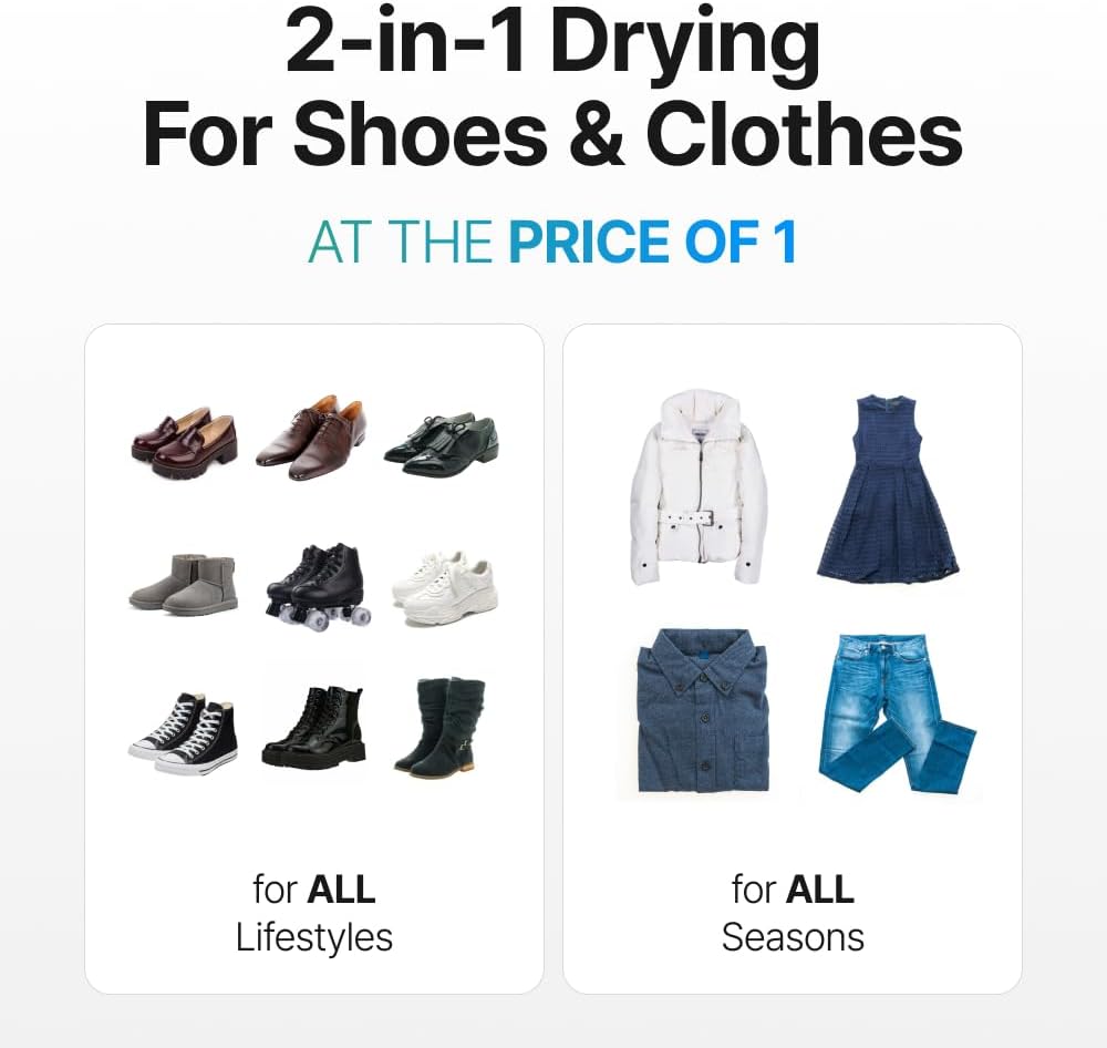 Klug Portable Dryer, 2-in-1 Clothes & Shoe Dryer, for Boot, Sneakers, Work Boots, Swimwear, Winter Wear, Silent, Extendable, Auto Timer, Dries Shoes in 30 Minutes