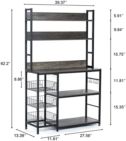Kitchen Bakers Rack with Baskets,5-Tier Utility Storage Shelf with Hooks, Microwave Oven Stand Rack, Free Standing Kitchen Shelf Vintage Grey
