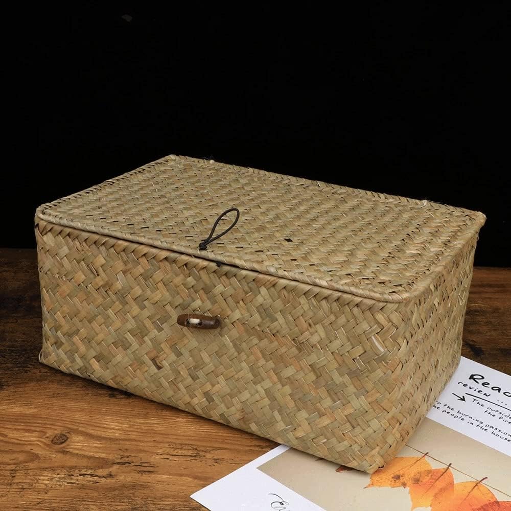 INLIMA Appliance Shelf for Kitchen Straw Basket with Lid Rattan Woven Basket Desktop Clothes Sundries Storage Box for Bedroom Home Decor (Size : Small)