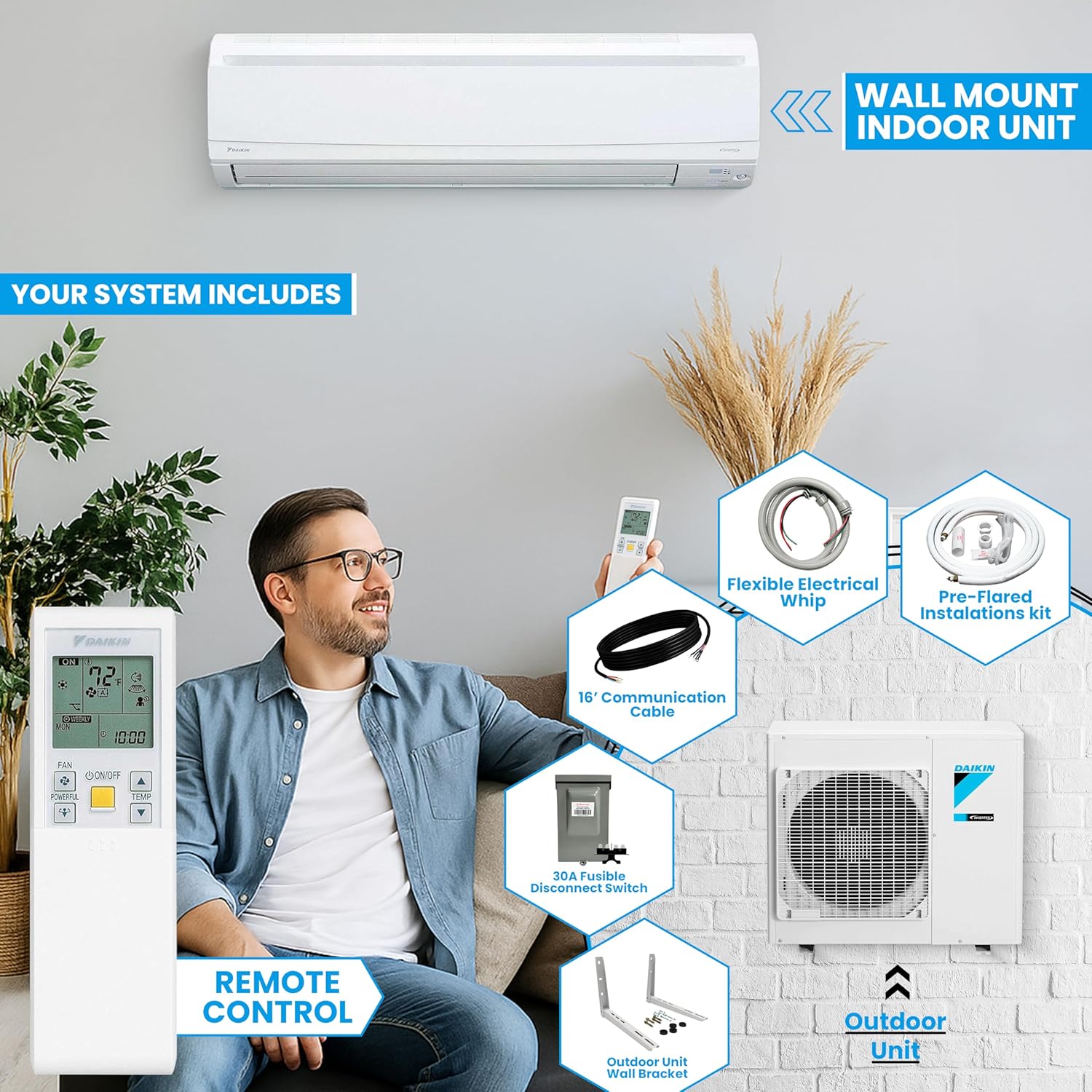 Daikin 18,000 BTU 19.5 SEER2 LV Series Ductless Mini-Split Wall Mount Heat Pump Air Conditioner with 15' Installation Kit, Wall Bracket, 1/2 Electric Whip, 30A Fuse -230V