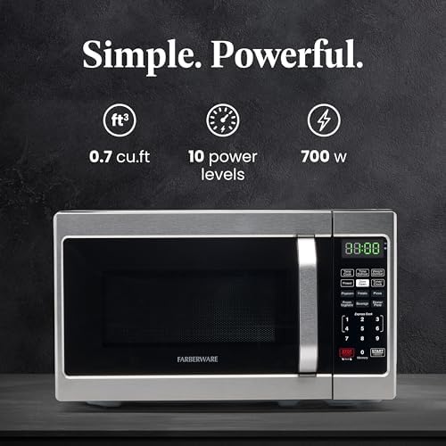 Farberware 0.7 Cu. Ft. Countertop Microwave Oven – 700 Watts Power, Auto Cook Settings, Defrost, Easy Clean and Child Safety Lock - Stainless