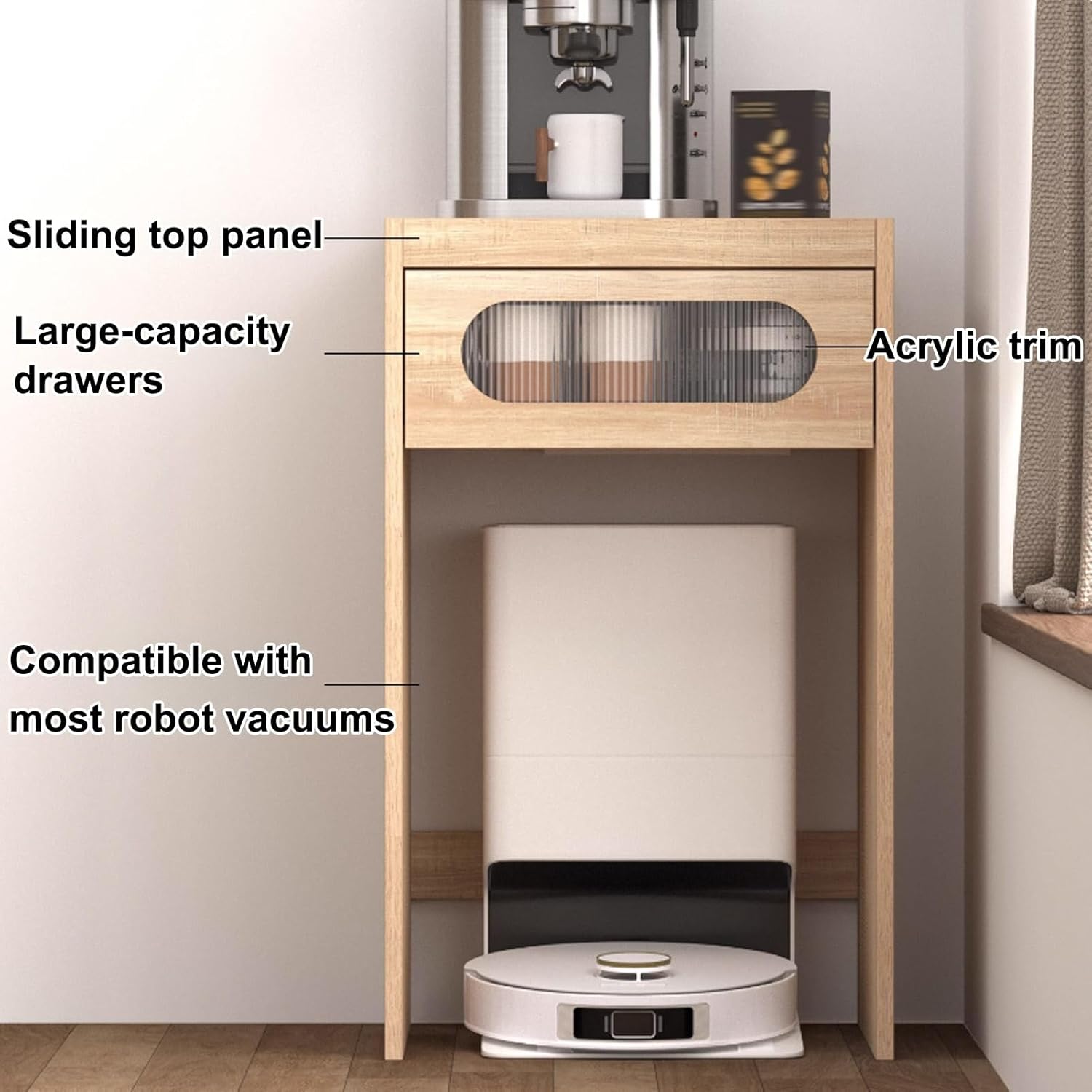 Vacuum Hidden Cabinet for Sweeping, Robot Vacuum Stand Cabinet with Drawers, Robot Vacuum Hidden Storage Cabinet, Wood Sweeping Robot Storage Rack(Natural,19.6x17.7x29.5'')