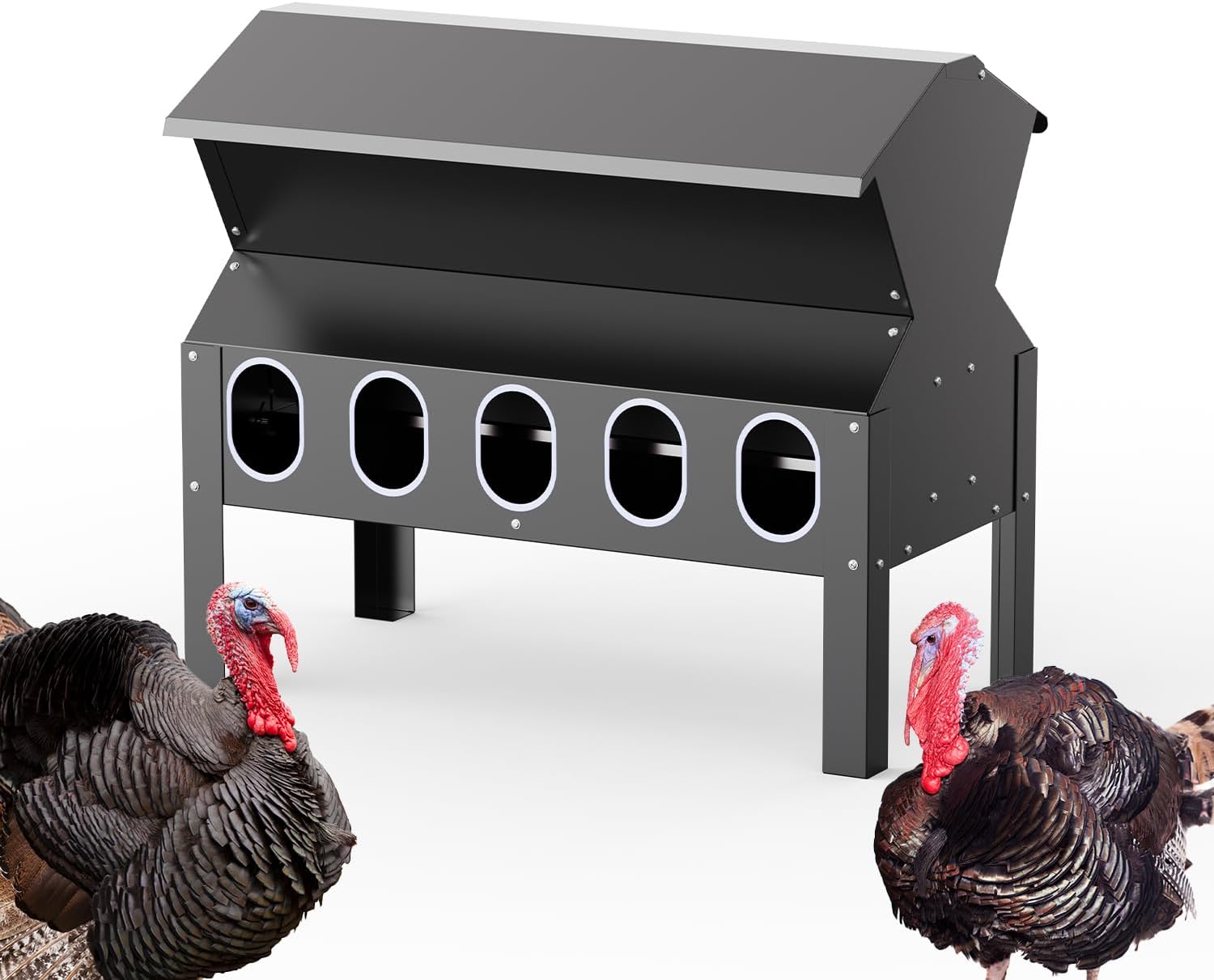 50-100LB Capacity Turkey Feeder, 10-Port Waterproof Chicken Feeder, Indoor Outdoor Uses, Black