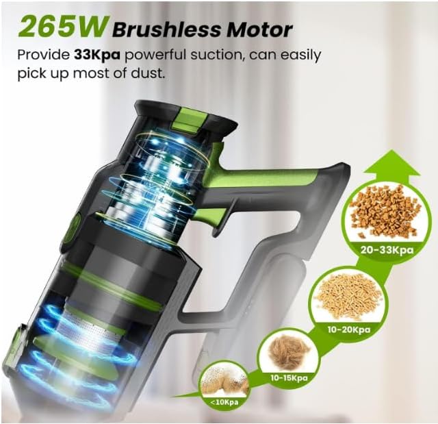 Black and Green Cordless Vacuum Cleaner 33KPa Strong Suction 8-in-1 LED Display Handheld Stick Vacuum for Hard Floors Carpet Pet Hair with 265W Brushless Motor & 45min Runtime