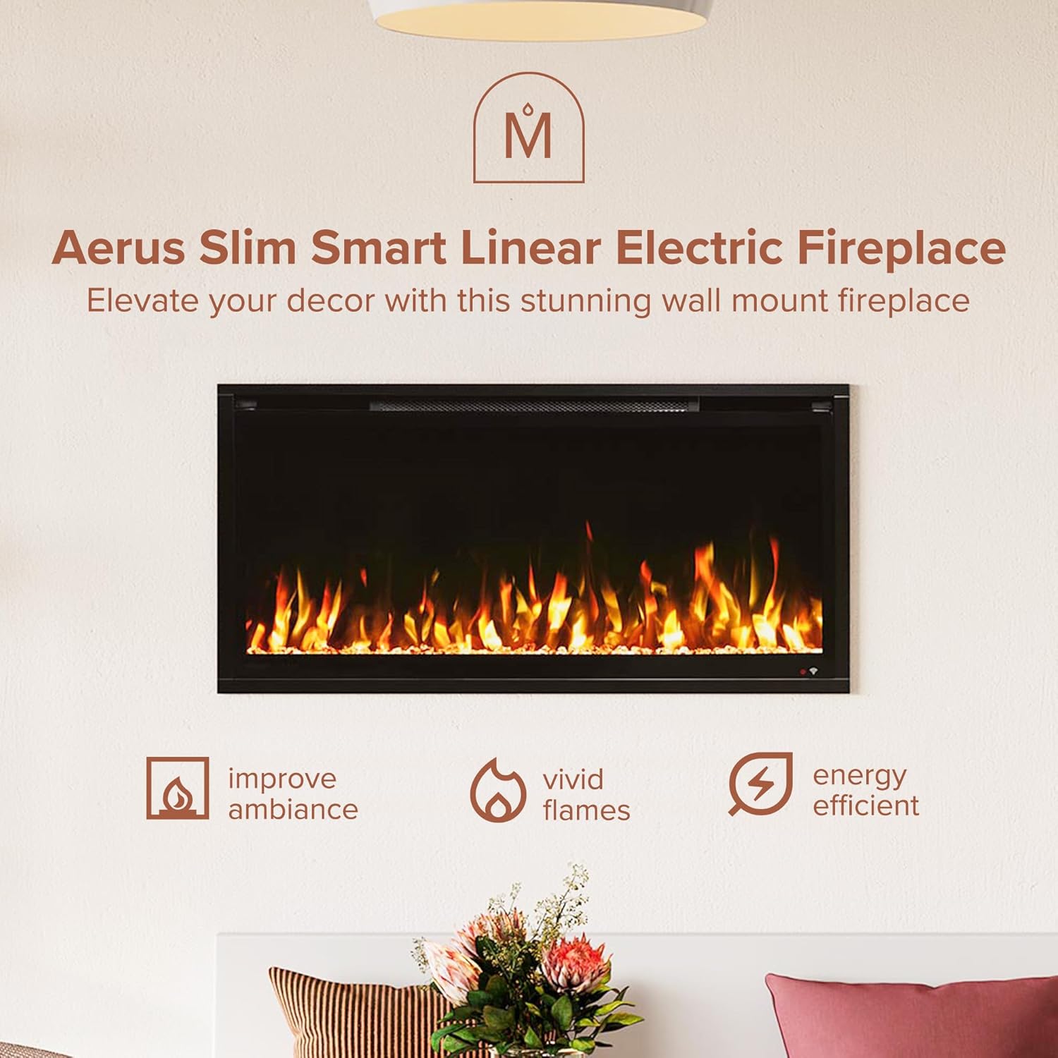 Modern Ember Aerus Slim 36 Inch Smart Linear Electric Fireplace | Recessed in-Wall or Wall-Mount | LED Multiple Flame Colors | Alexa/WiFi Enabled | 4.25” Profile | Remote Included