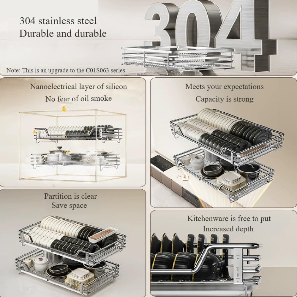 Kitchen Pull Out Cabinets Organizer, 304 Stainless Steel Wire Basket Sliding Drawer for Cabinet Storage Shelves Heavy Duty Slide Out Pan Lid Cookware Organizer for small kitchen appliances, spice seas