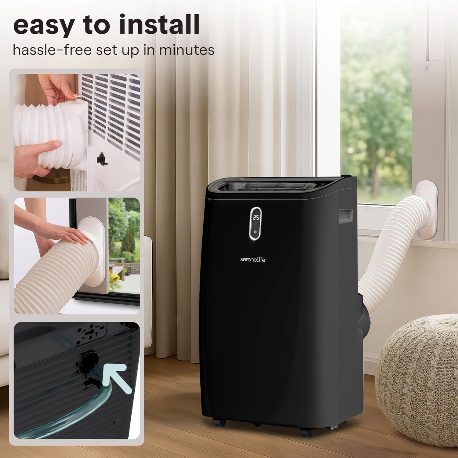 SereneLife 14,000 BTU Portable Air Conditioner - Compact Room Air Conditioner with Dehumidifier & Fan, Mini AC Unit for Rooms Up to 650 Sq. Ft., Window Kit Included, Rolling Wheels, Black