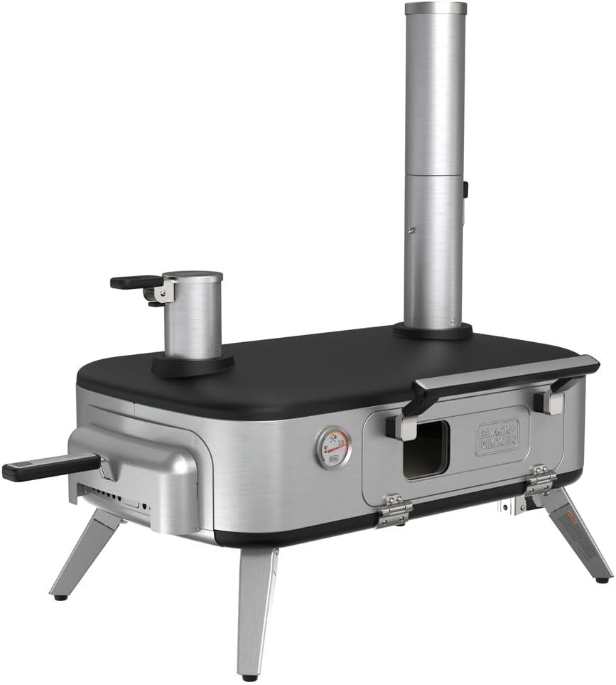 BLACK+DECKER vera Pizza Oven, Outdoor, Wood - Charcoal - Pellet Fired Pizza Oven, Rotating Handle and Temperature Gauge, Portable with Folding Legs for Easy Storage (BPZ123TS)