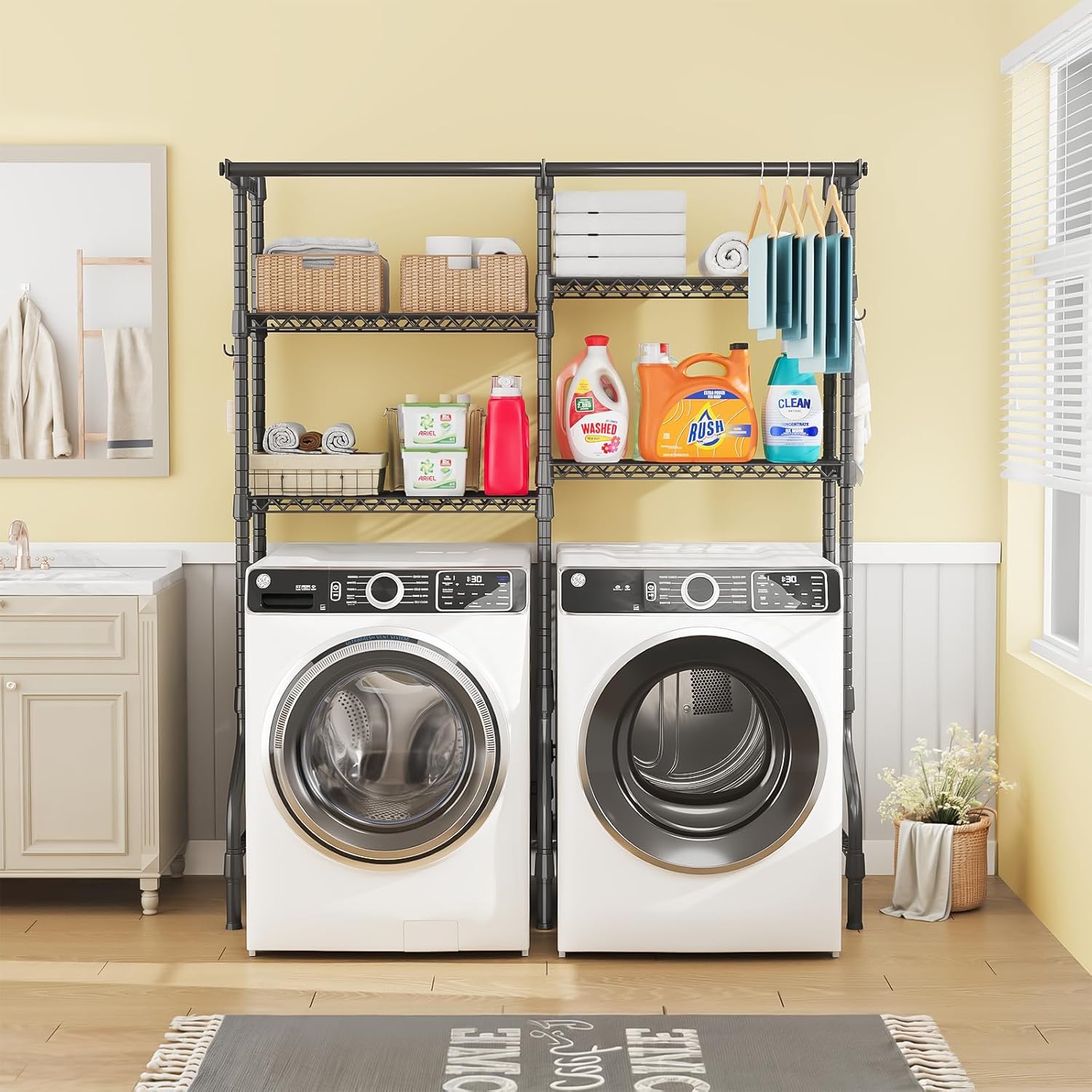 U14 Medium Over the Washer and Dryer Shelves, 4 Tiers Laundry Room Storage and Organizer System, Space Saving Clothes Drying Rack with 2 Clothes Hanger Rods, 57.8