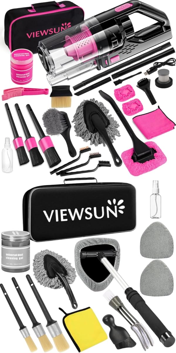 Viewsun Car Vacuum Cordless Rechargeable, 8000PA High Power Handheld Vacuum Cleaner with 30PCS Car Cleaning Kit, Auto Accessories for Women Gift