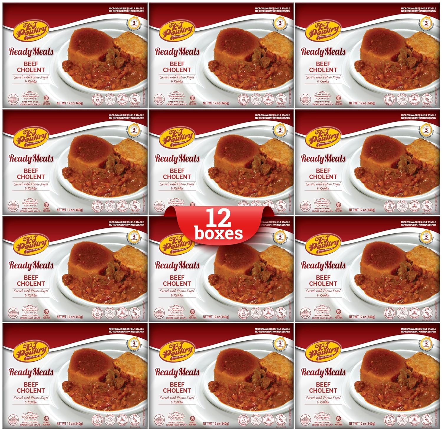 KJ Poultry Kosher Ready Meals - Beef Chulent & Kugel, MRE Meat Meals Ready to Eat, Shabbos Food (12 Pack) Prepared Entree Fully Cooked, Shelf Stable Microwave Dinner Travel, Military, Camping Survival