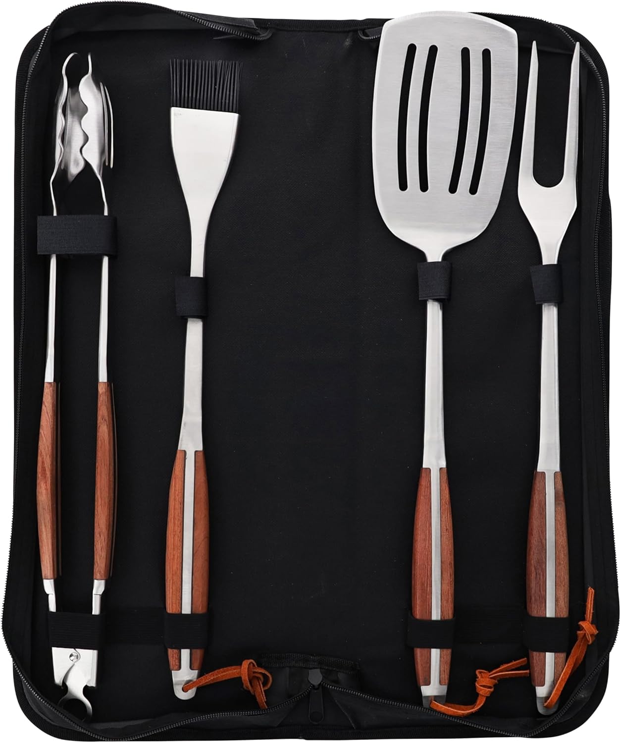 Grilla BBQ Set with 4 Stainless Steel Utensils, Wood Handles, and Carry Case for BBQ, Competition BBQ, Cooking, Grilling
