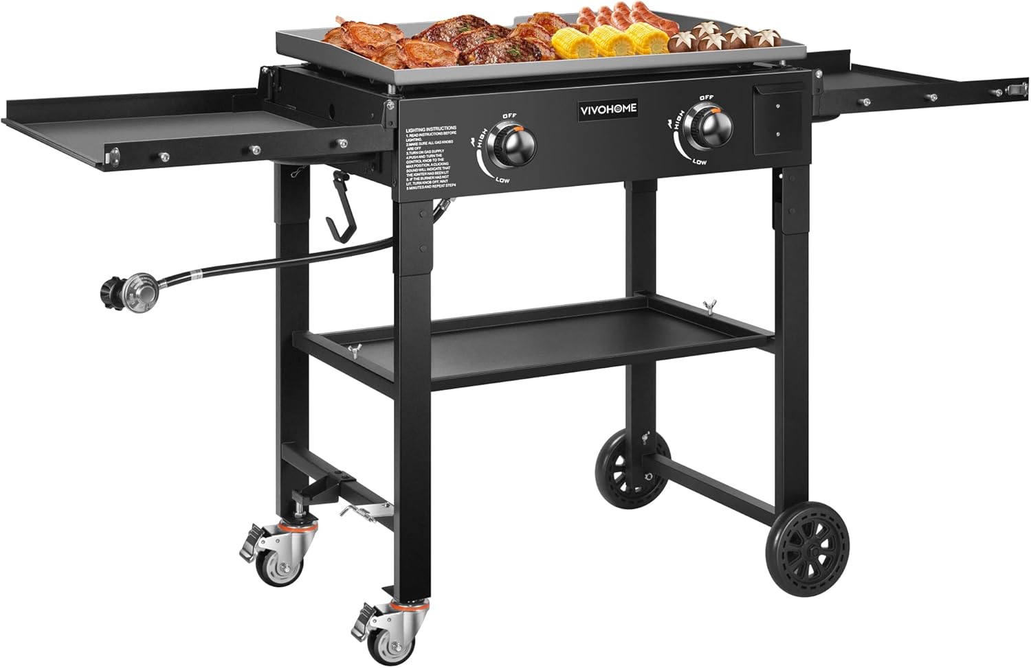 VIVOHOME 2-Burner 30,000 BTU Propane Gas Grill, Folding Flat Top Grill with Side Shelves, Picnics & Family BBQ, Heavy-Duty Rust-Resistant Griddle