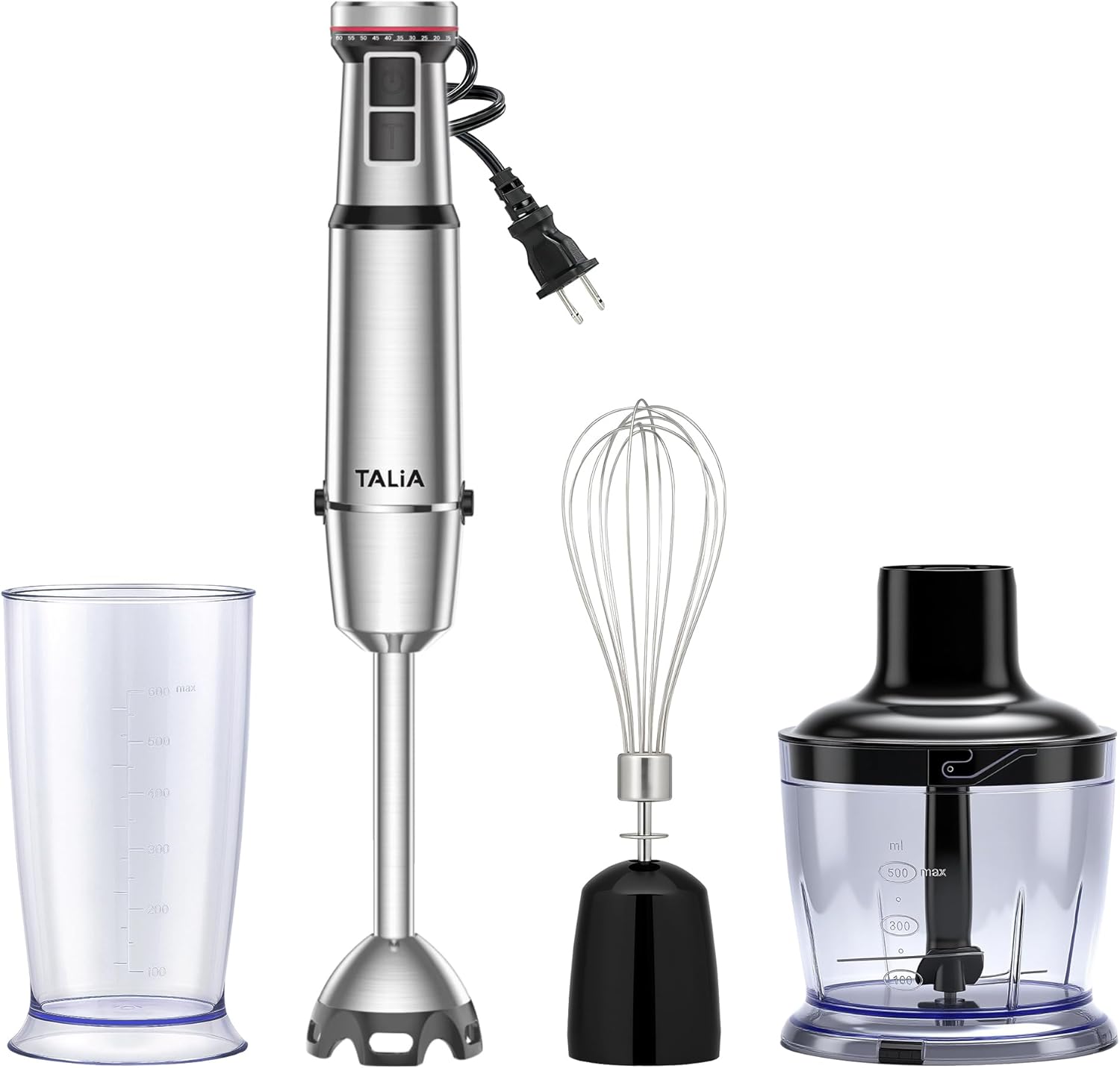 TALIA 4-in-1 Immersion Blender, Hand Blender with Stainless Steel Shaft, Variable Speed & Turbo, Dishwasher-Safe, for Soups, Smoothies, Baby Food, Puree & Shakes