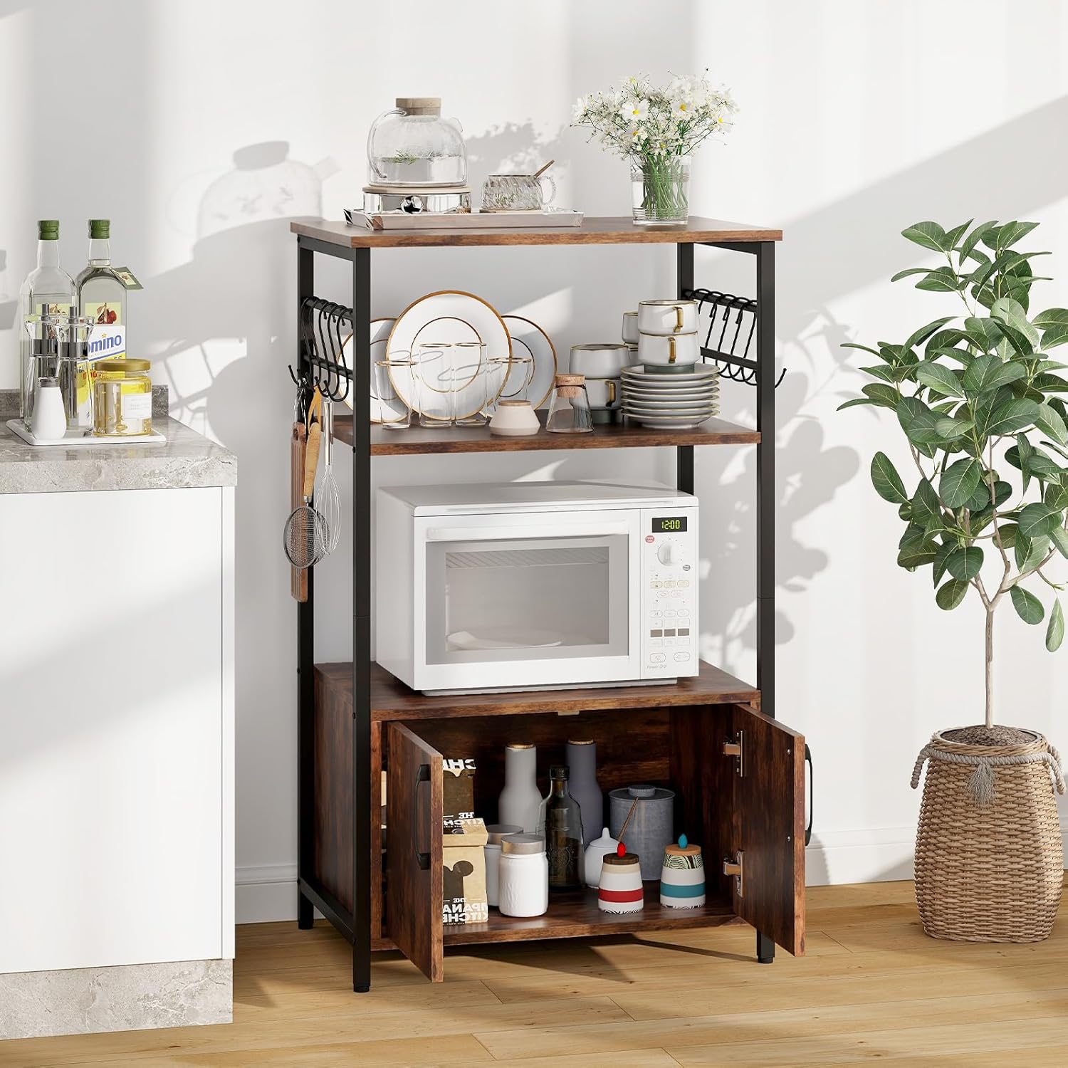 GOFLAME Kitchen Baker's Rack with Cabinet, 3-Tier Pantry Cabinet with 2 Open Shelves, 10 S-Shaped Hooks, Industrial Microwave Oven Stand with Metal Frame, Bookshelf Rack for Living Room, Brown