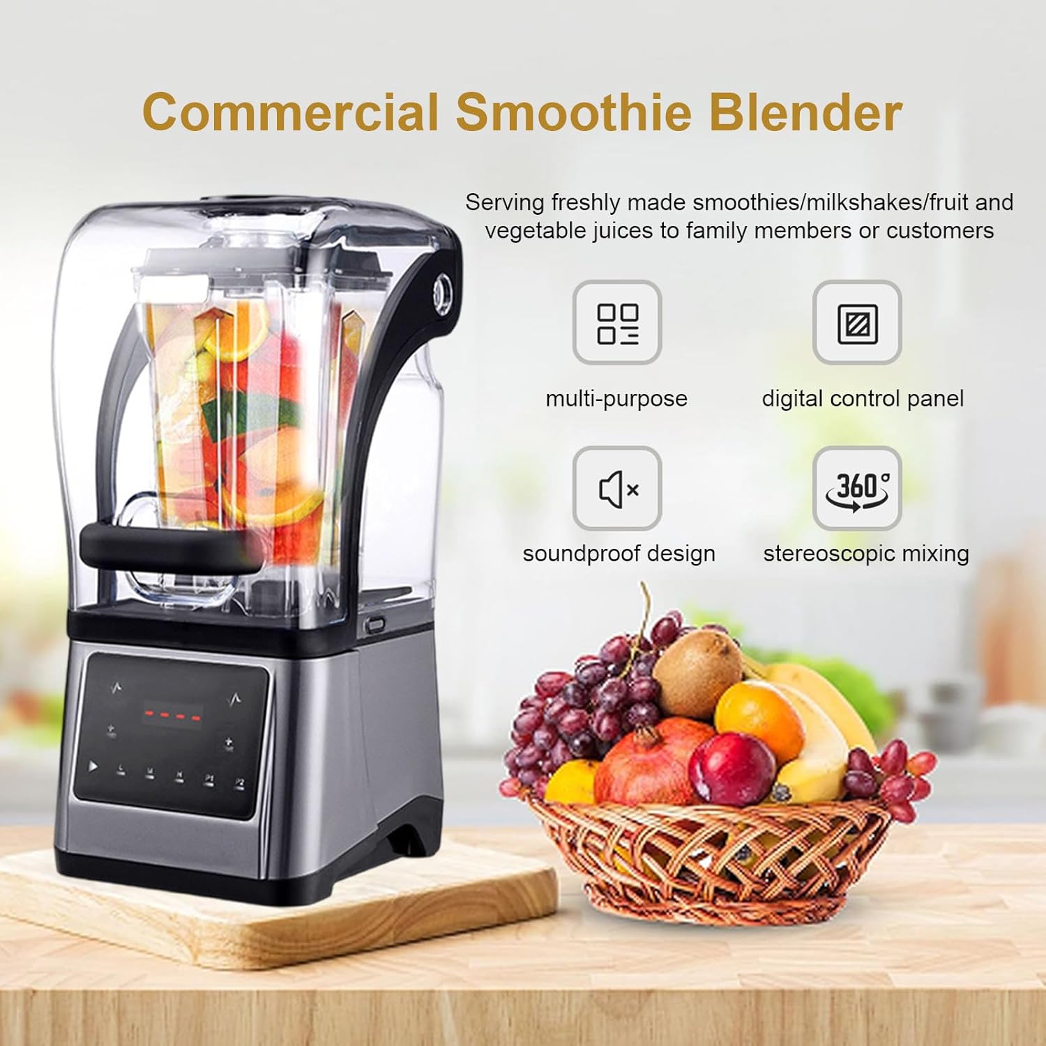 2200W Electric Kitchen Blender With Push Bar, 9 Speed Settings & Pulse Function, Stand Smoothie Mixer, Digital Display+1.6L Jug, For Smoothies, Meal Prep & Commercial Snacks