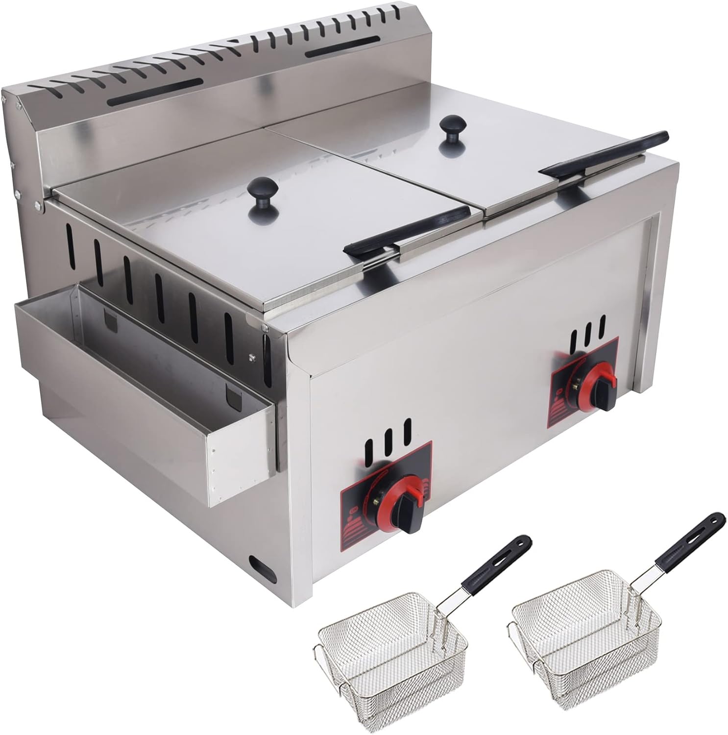 Double Fryer with Baskets Large, Fryer with Lid, Commercial Fryer Baskets, Stainless Steel Countertop Gas Fryer, Outdoor Cooking