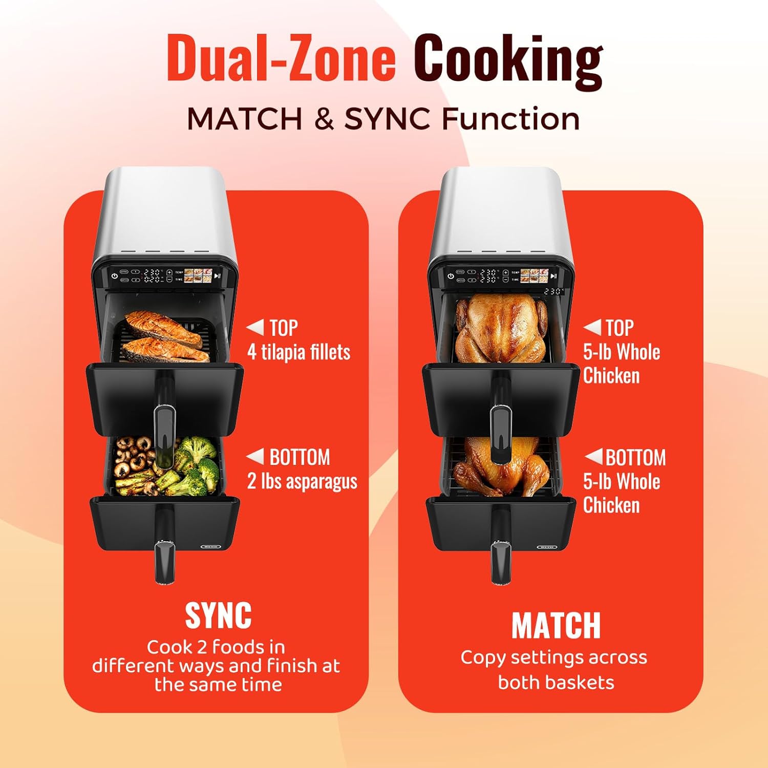 11.6QT Dual Basket Air Fryer Oven, Vertical 2-Basket Design, 6-in-1 Presets Function with Digital Touchscreen, Sync & Match, Easy to Clean, Dishwasher Safe, Family Meals