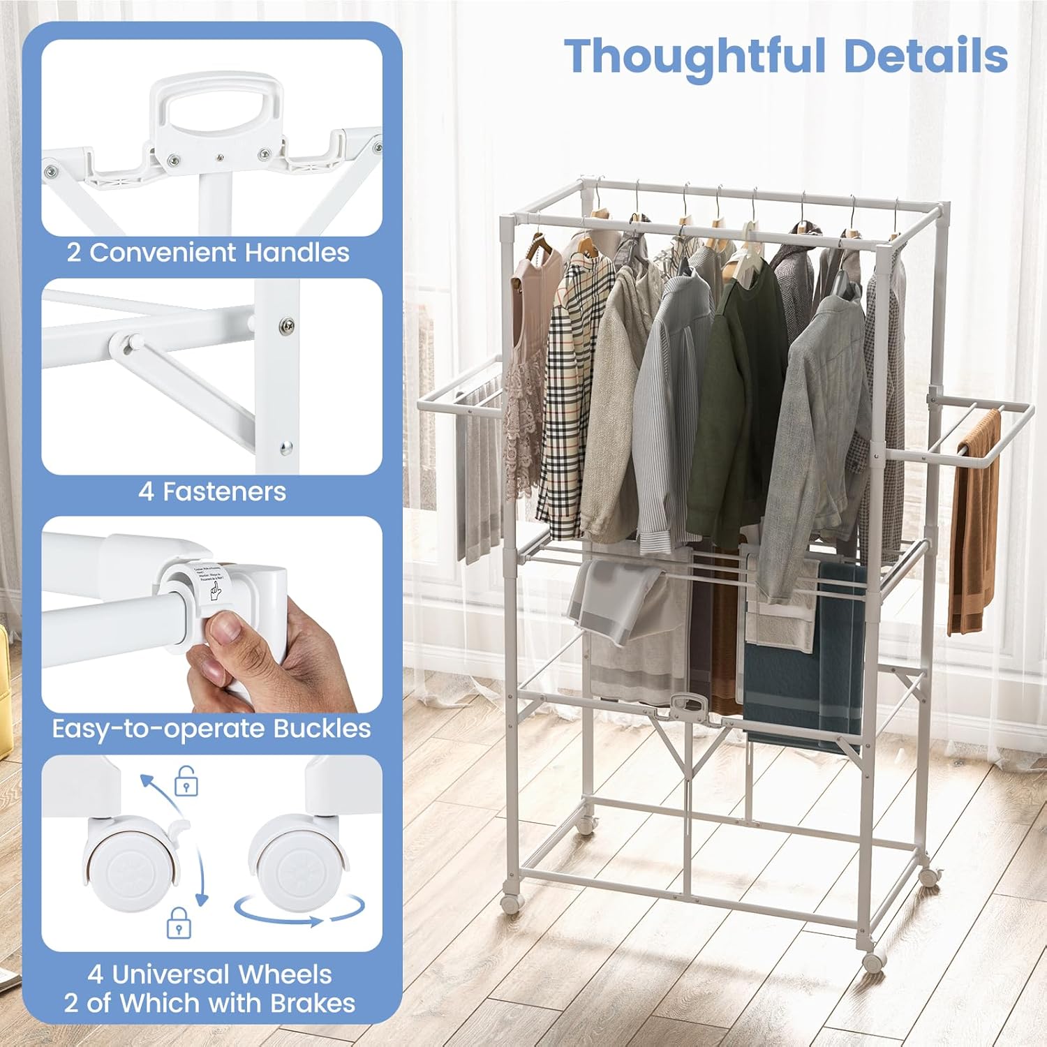 Giantex Clothes Drying Rack with Wheels, Collapsible Laundry Rack with 2 Folding Side Shelves & Detachable Middle Shelf, Moveable Laundry Garment Dryer Stand Dryer Rack for Apartment Indoor Outdoor