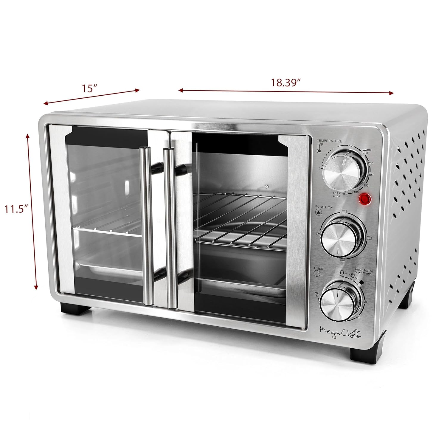 MegaChef 26.4 Quart French Door Multi-Function Stainless Steel Electric Toaster Oven with Temperature & Timer Control and Broil, Bake & Toast Functions