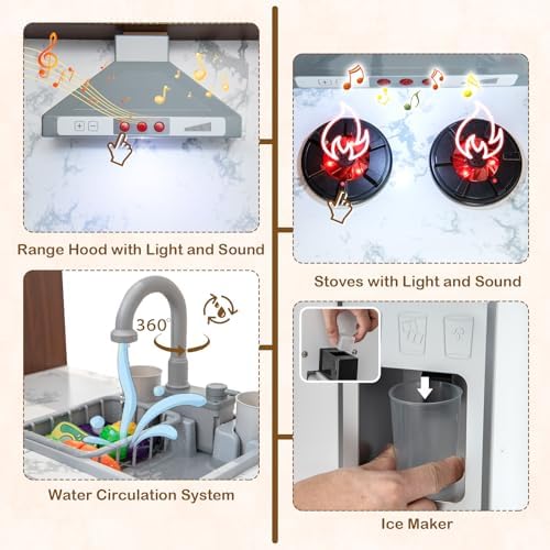 Costzon Kids Kitchen Playset, Toddler Pretend Toy Cooking Set w/Real Lights & Sounds, Sink & Faucet, Ice Maker, Microwave, Oven, 18 Cooking Accessories, Corner Play Kitchen for Kids Ages 3+ (Coffee)