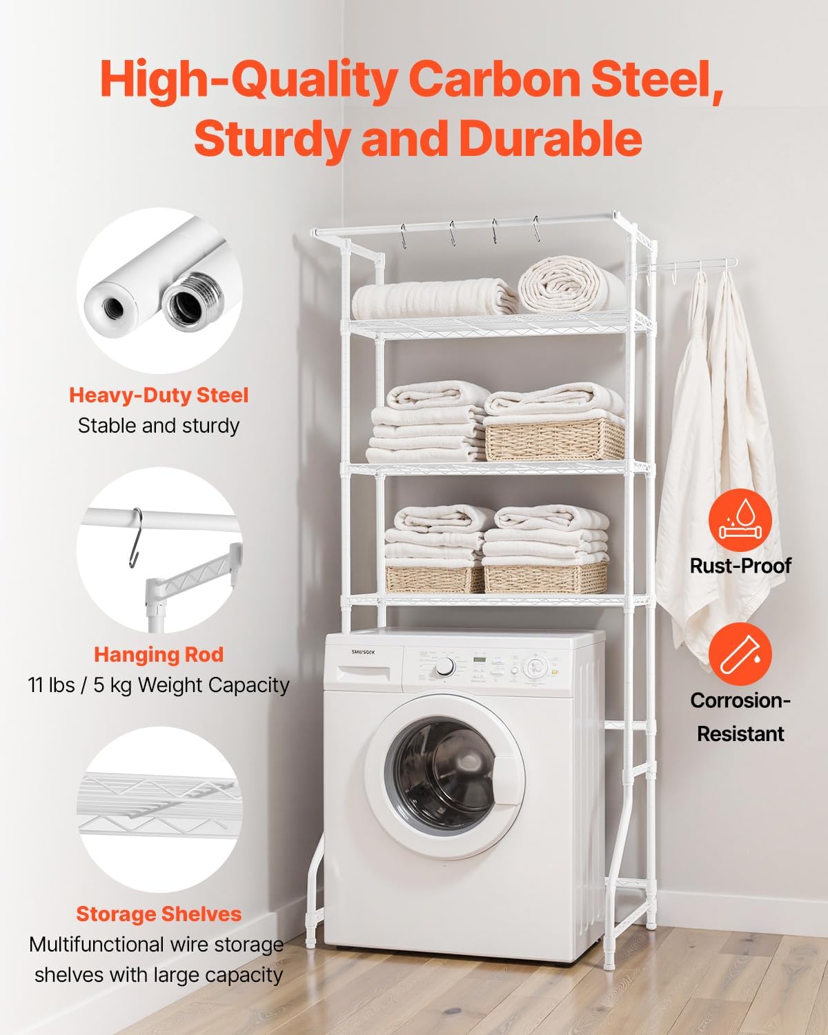 VEVOR Over The Washer and Dryer Storage Shelf, 3 Tier Laundry Room Drying Rack with Hanger Rod and Hooks, Adjustable Over Washer and Dryer Shelves, Laundry Room Shelf Storage Space Saver, White