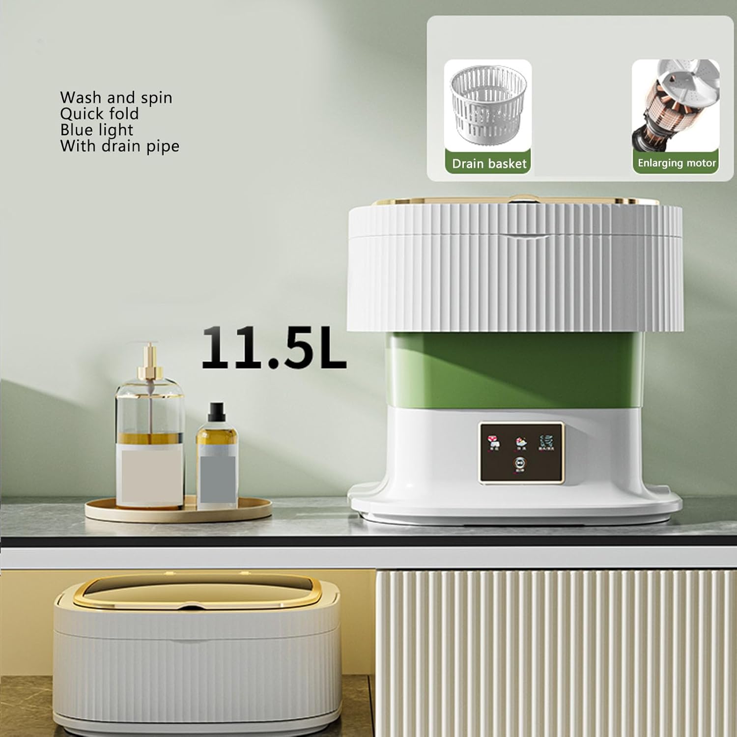 Portable Washing Machine, 11.5L Large Capacity Mini Foldable Washer with Drain Hose for Baby Clothes, Underwear, Socks, with 3 Timer Modes (Green)