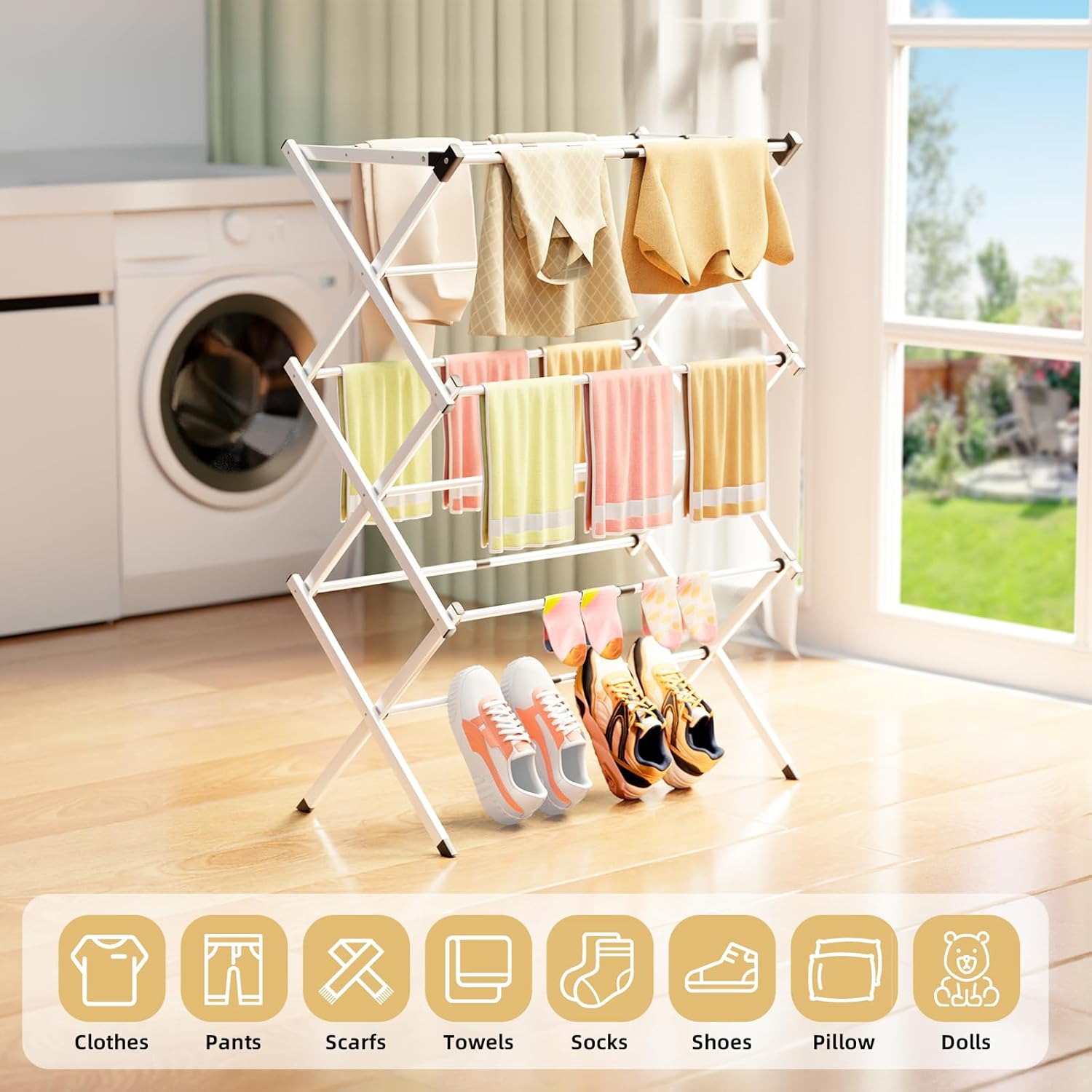 BAKON Foldable Clothes Drying Rack,Space-Saving Expandable & Portable Drying Rack for Clothes,Sturdy Metal Clothes Dryer Rack for Indoor & Outdoor,Laundry Room,Dorm Room,Apartments