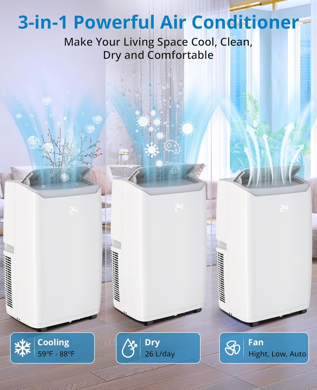 12,000 BTU Portable Air Conditioners/Portable Air Conditioners with Remote Control, Cooling Area Up to 350 sq.ft, 3 in 1 AC Portable Unit with Dehumidifier/Fan & Window Kit Included