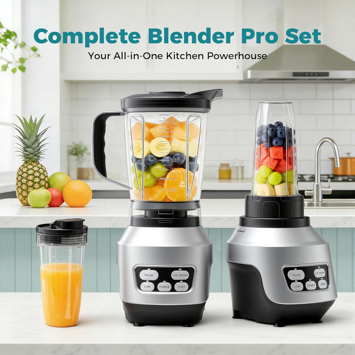 OLIXIS Smoothie Blender, Countertop Blenders for Kitchen with 23 34 60 oz BPA-Free Portable Cups, Professional Smoothie Maker with Four Programs for Shakes, Sauces, Juice and Ice Crushing, Silver
