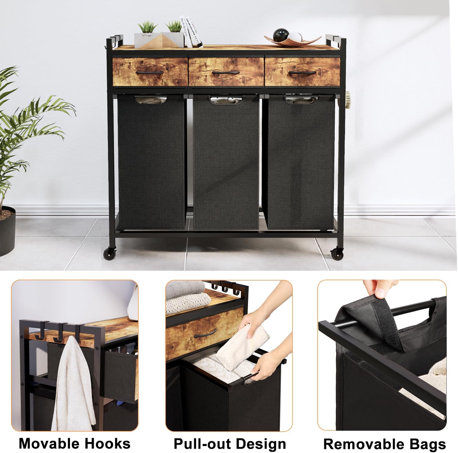 Laundry Hamper, Laundry Sorter 3 Section, Rolling Laundry Basket with Wheels, 3 Drawers, 3 × 14.5 Gal (55 L), Pull-Out and Removable Oxford Fabric Bags, Black and Rustic Brown
